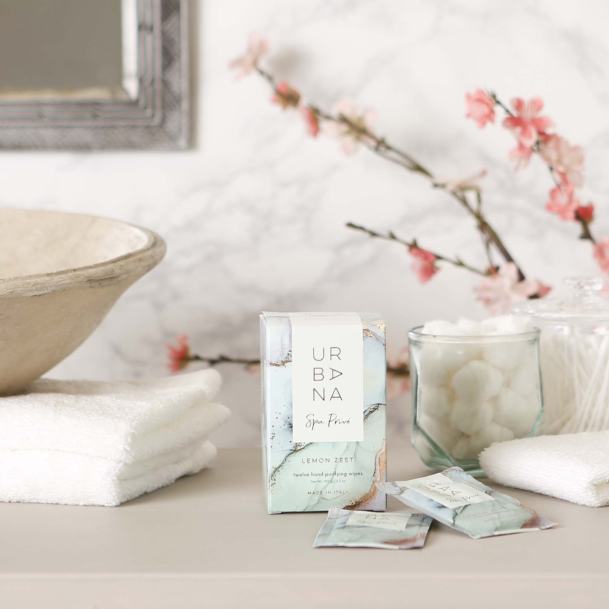 Urbana Spa Prive Collection Lemon Zest Hand Purifying Wipes - 12 Pack (3.5 oz) | Individually Wrapped, Moist Towelettes for Travel, Gym & On-The-Go Hygiene