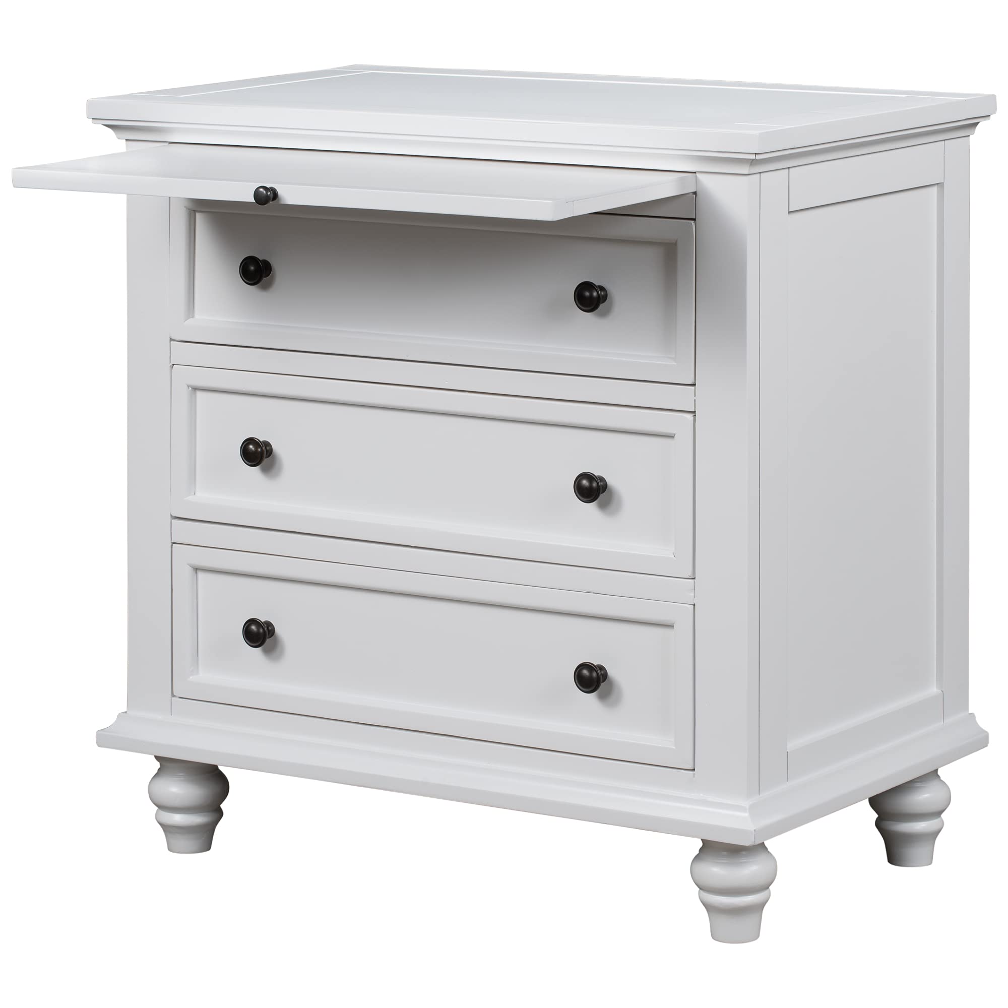 Modern White End Table with 3 Drawers & Pull-Out Tray - Nightstand Storage Organizer for Bedroom, Living Room & Office - Perfect for Small Spaces, Guest Rooms & Apartment Decor