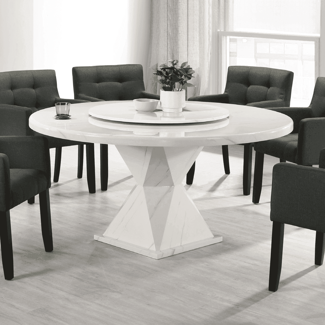 Kirra Round Marble Dining Table Set with 6 Mirzam Fabric Upholstered Chairs - Modern Kitchen & Dining Room Furniture for Family Gatherings & Dinner Parties