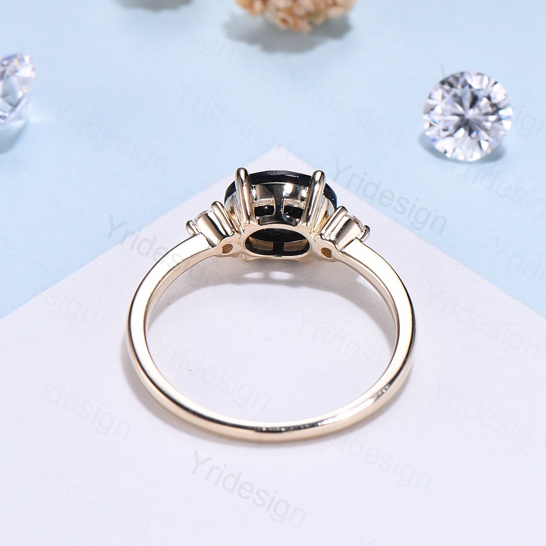 Blue Sandstone Ring for Women - Oval Galaxy Engagement Ring with Three Stones in Rose Gold | Bridal Promise Ring, Cute Starry Design for Weddings & Anniversaries