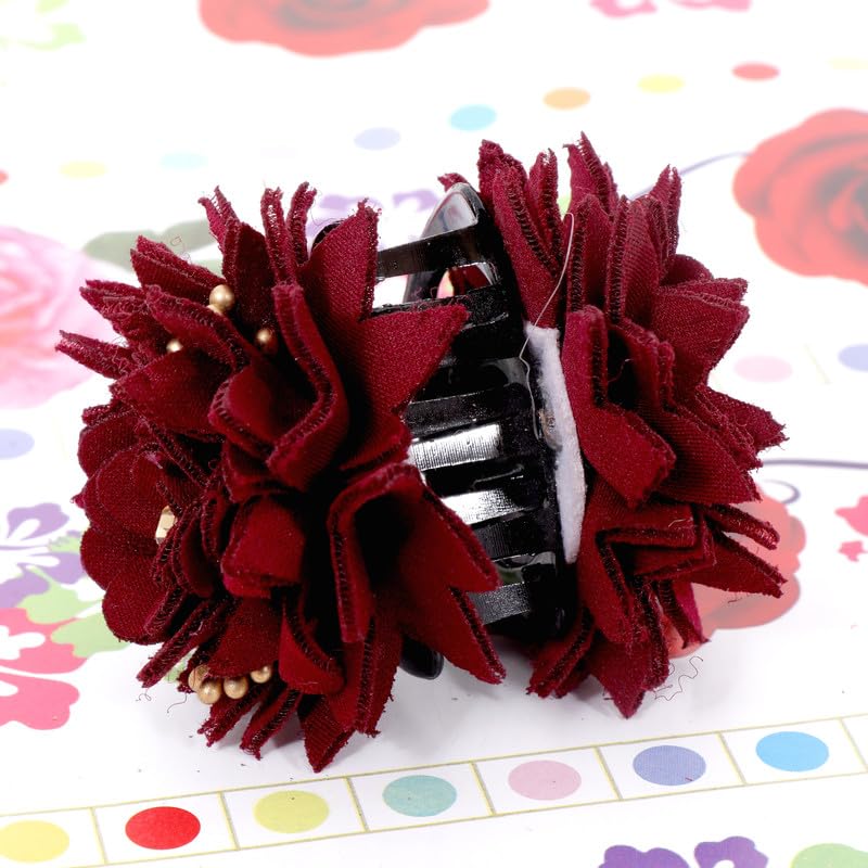NAVMAV Hair Claw Clips for Women & Girls - Maroon Fabric Flower & Beads Hair Clutch - Stylish Hair Accessories for Ponytails, Buns & Updos (Pack of 1) - Perfect for Daily Wear, Parties & Special Occasions