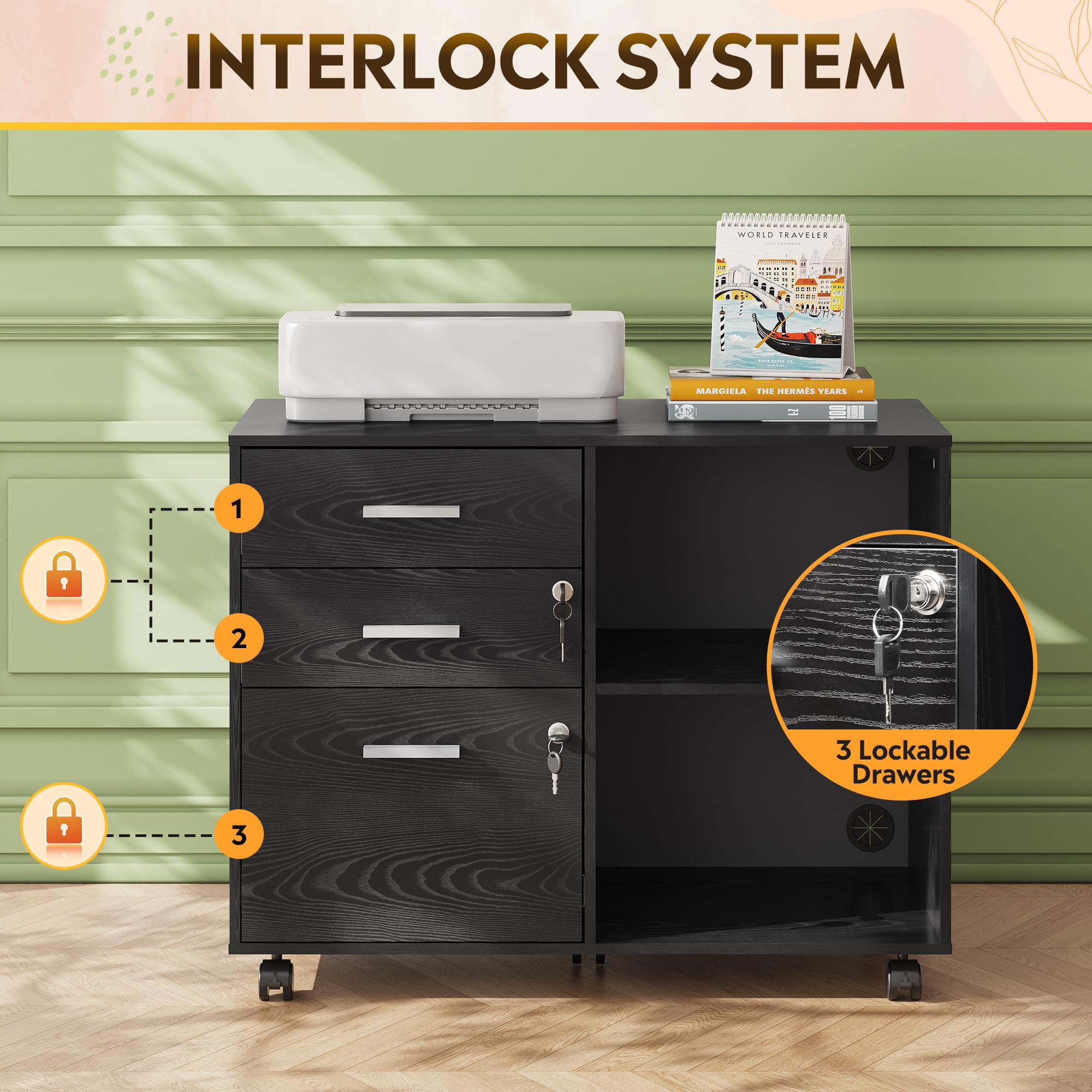 DEVAISE 3-Drawer Wood File Cabinet with Lock - Mobile Lateral Filing Cabinet & Printer Stand with Open Storage Shelves for Home Office - Black - Perfect for Organizing Documents, Office Supplies & Printer in Small Spaces