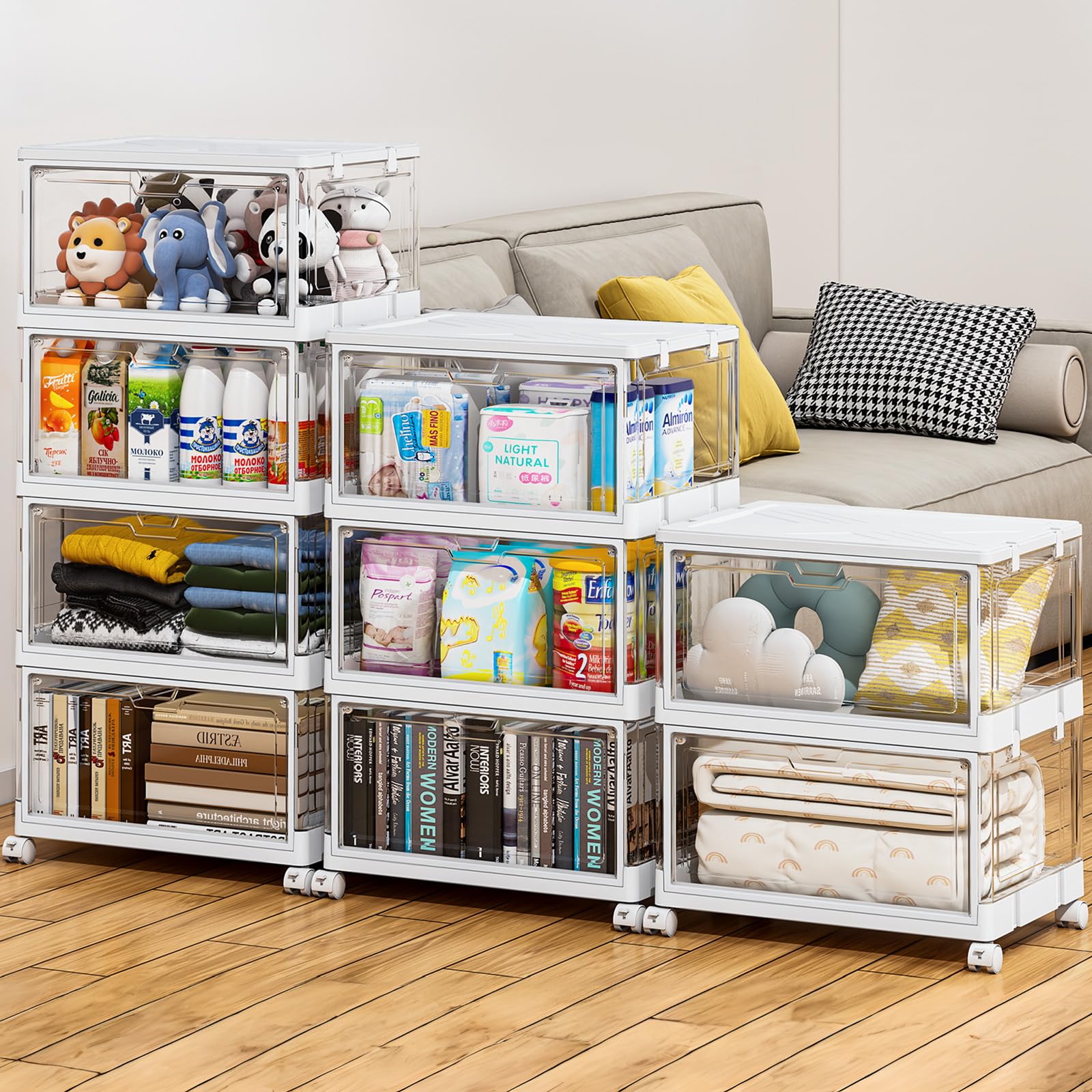 Clear Stackable Plastic Storage Bins with Lids & Wheels - 24 QT Organizer Box for Craft Supplies, Closet, Bedroom & Living Room - 4-Tier Space-Saving Solution for Home Organization