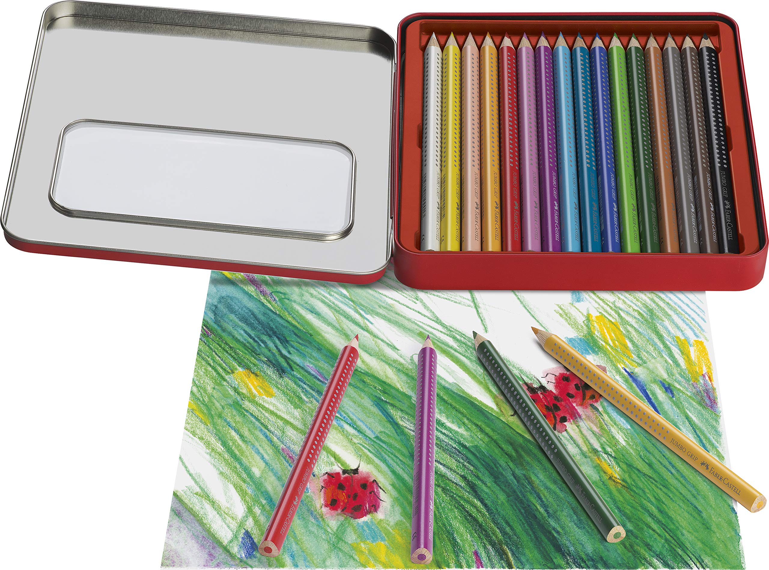 Faber-Castell Jumbo Grip Colored Pencils Set - 12 Vibrant Colors in Metal Tin Box - Perfect for Kids Art Supplies, School Projects & Adult Coloring Books