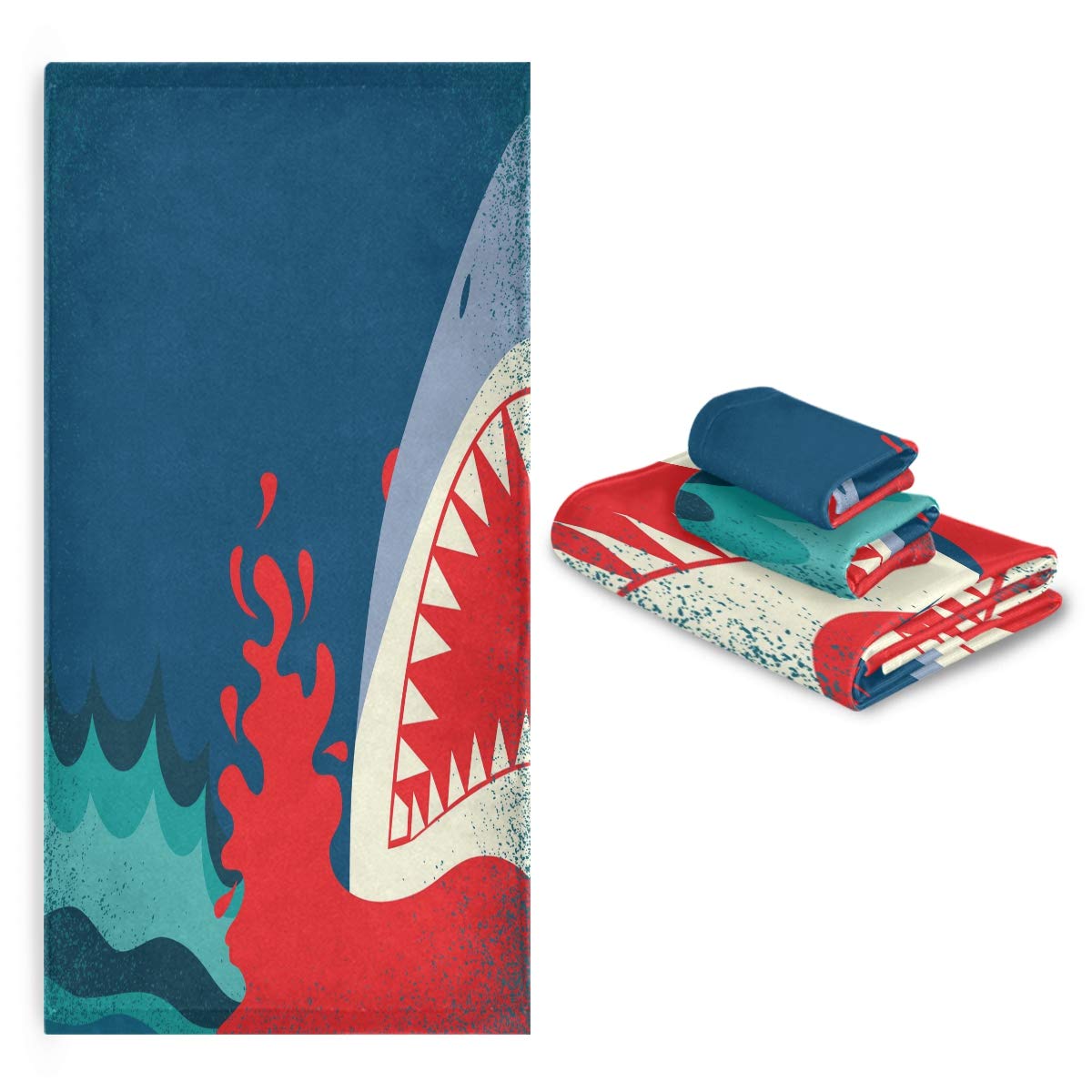 Premium 3-Piece Marine Shark Bath Towel Set - Ultra Soft & Absorbent (1 Bath Towel, 1 Hand Towel, 1 Washcloth) for Home, Hotel, Gym, Swim & Spa - Perfect for Beach, Pool & Bathroom Decor