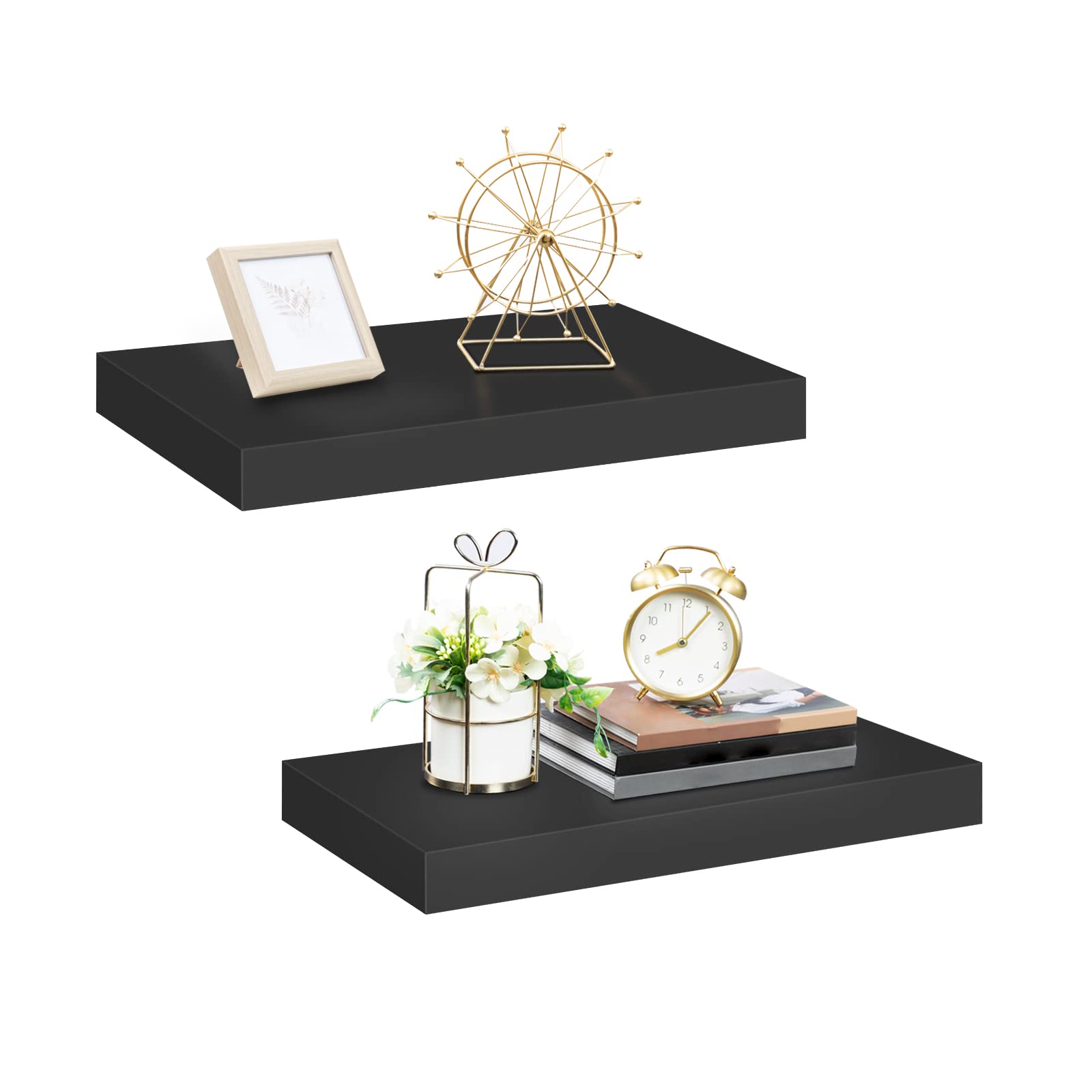 HOOBRO 15.7 Inch Floating Wall Shelves Set of 2 - Modern Invisible Bracket Shelving for Bathroom, Bedroom, Kitchen & Office Decor - Perfect for Displaying Photos, Plants & Home Accessories - Black (BK40BJ01)