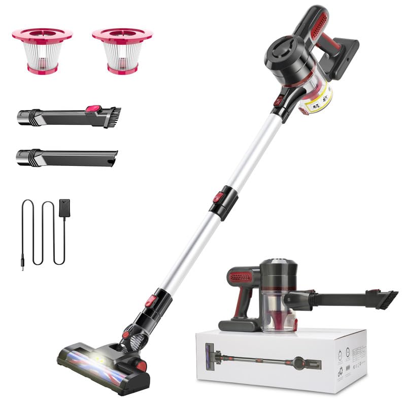 Foppapedretti 2024 Cordless Vacuum Cleaner - 25Kpa Powerful Stick Vacuum for Hardwood Floors & Carpets, 35 Min Rechargeable Battery, 4-in-1 Lightweight Handheld Vacuum for Pet Hair - Perfect for Home Cleaning, Car Detailing & Quick Pickup (Red)