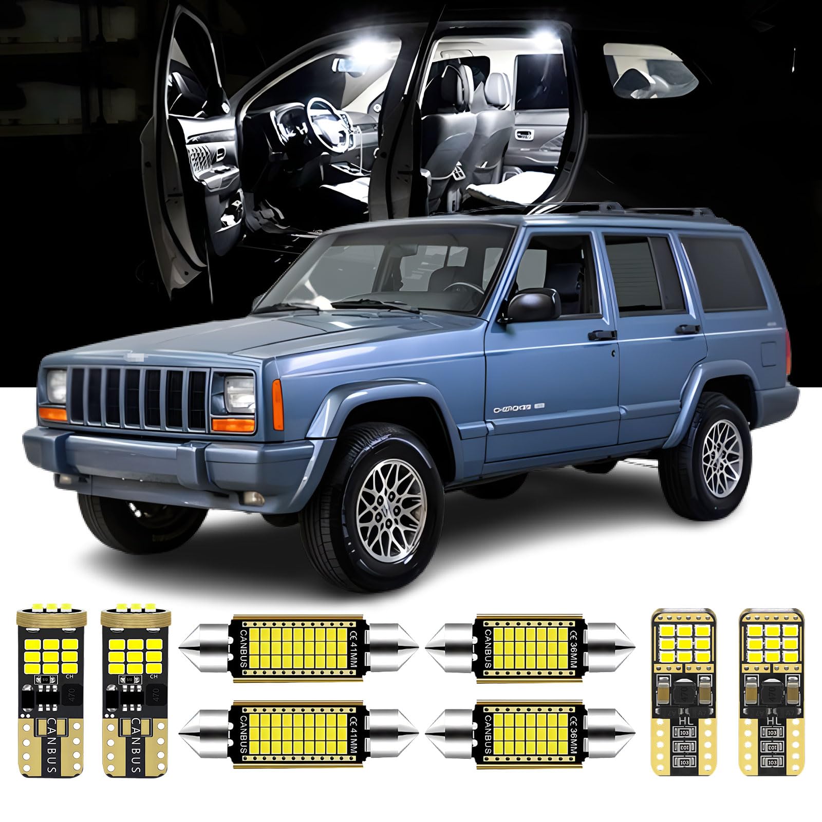 20-Piece LED Interior Light Kit for Jeep Cherokee XJ (1984-2001) - 6000K White LED Bulbs with License Plate Lights & Install Tool - Perfect for Dashboard, Dome, and Interior Lighting Upgrade