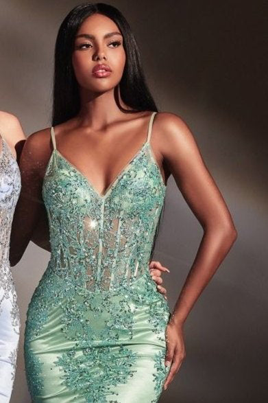 Lyra Gown in Sage Green - Fitted Floral Glitter Print Corset Evening Dress for Prom, Wedding & Special Occasions