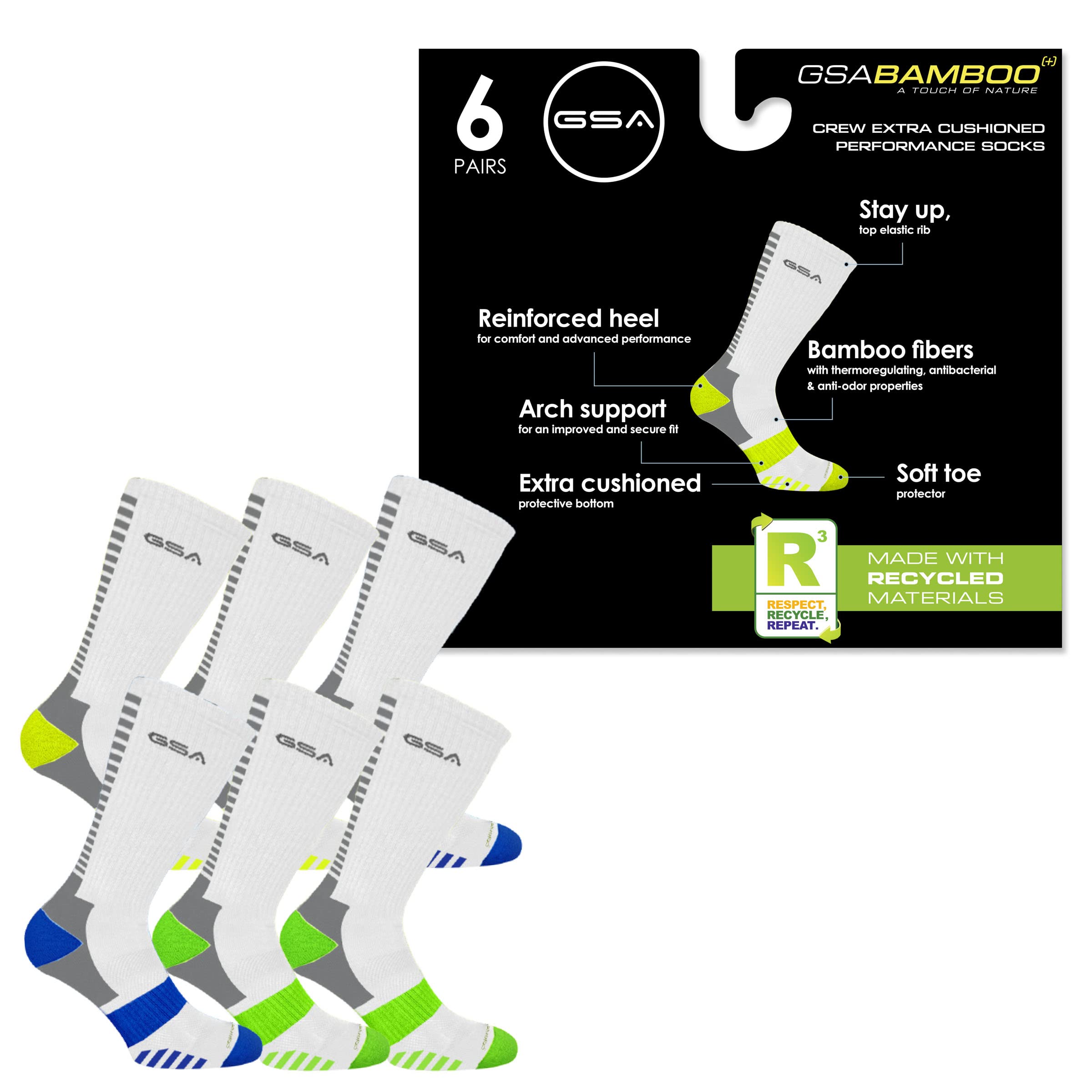 GSABAMBOO Premium Soft & Eco-Friendly Bamboo Fiber Socks for Men - Reinforced Heel & Toe, Extra Cushioned Crew Performance Socks | Ideal for Running, Hiking & Daily Comfort