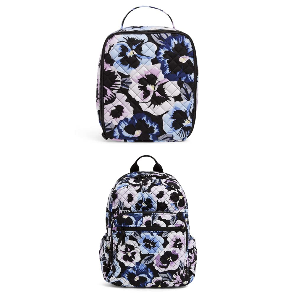 Vera Bradley Women's Recycled Cotton Lunch Bag & Backpack Set - Plum Pansies Floral Design, Eco-Friendly One Size for Work, School & Travel | Perfect for Office Lunches, College Campus & Picnics
