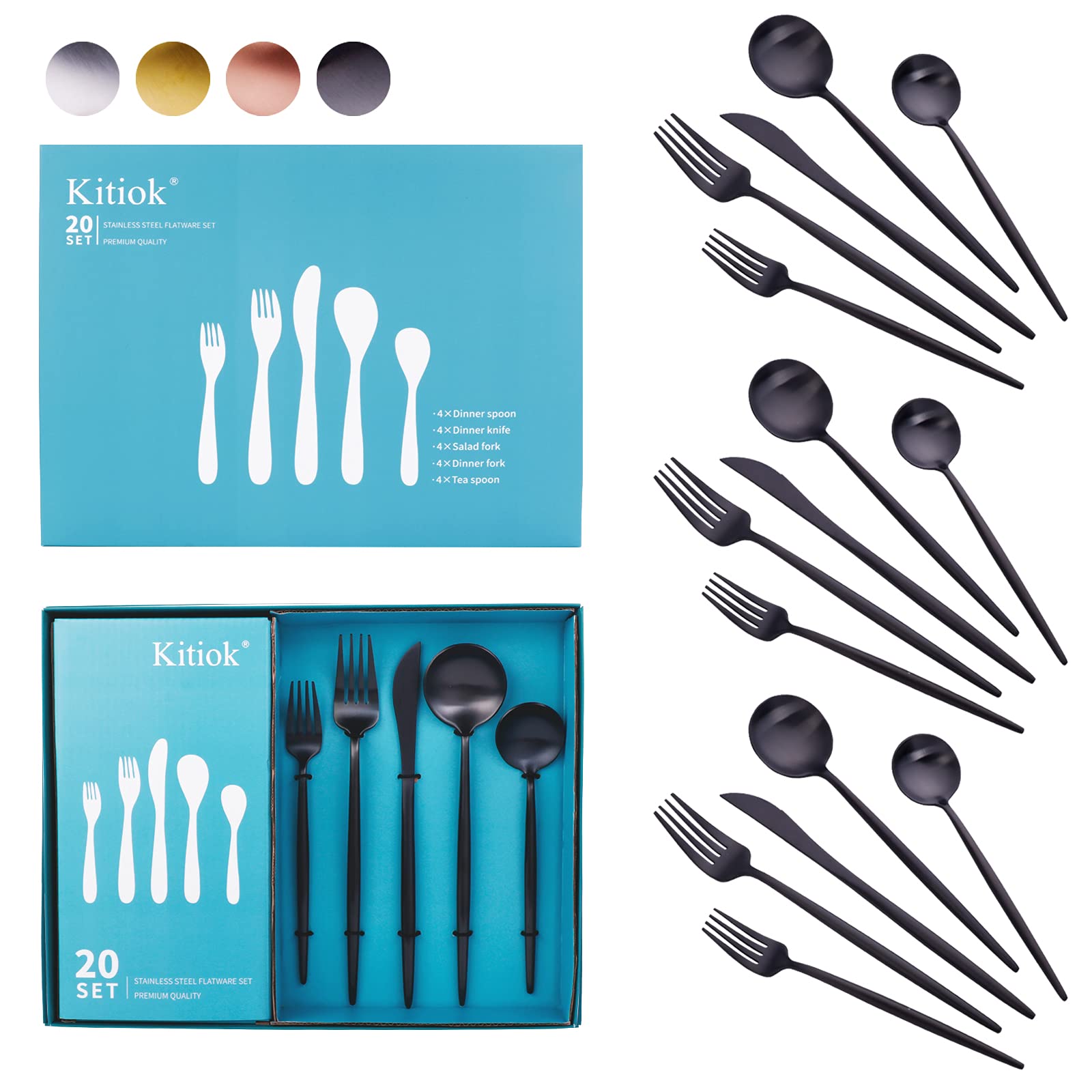 Premium 20-Piece Matte Black Stainless Steel Flatware Set - Modern Satin Luxury Cutlery for 4 People - Durable Brass Utensils for Formal Dining, Wedding Registry & Elegant Dinner Parties