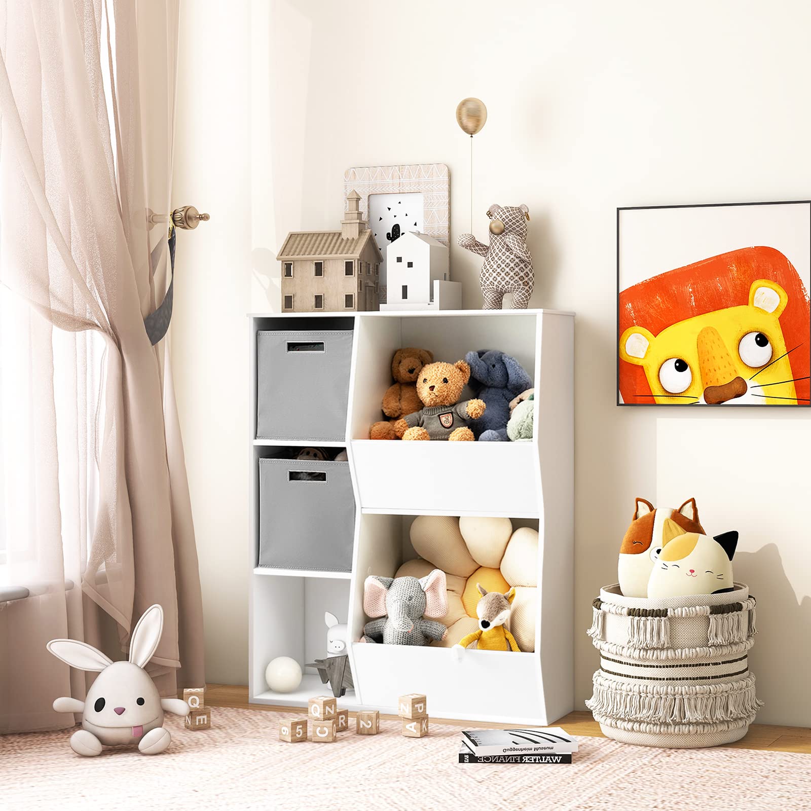 HONEY JOY 5-Cubby Wooden Kids Toy Storage Organizer & Bookshelf with 2 Storage Bins - Playroom, Nursery, Daycare & Kindergarten Toy Display Cabinet for Books, Toys & Organization