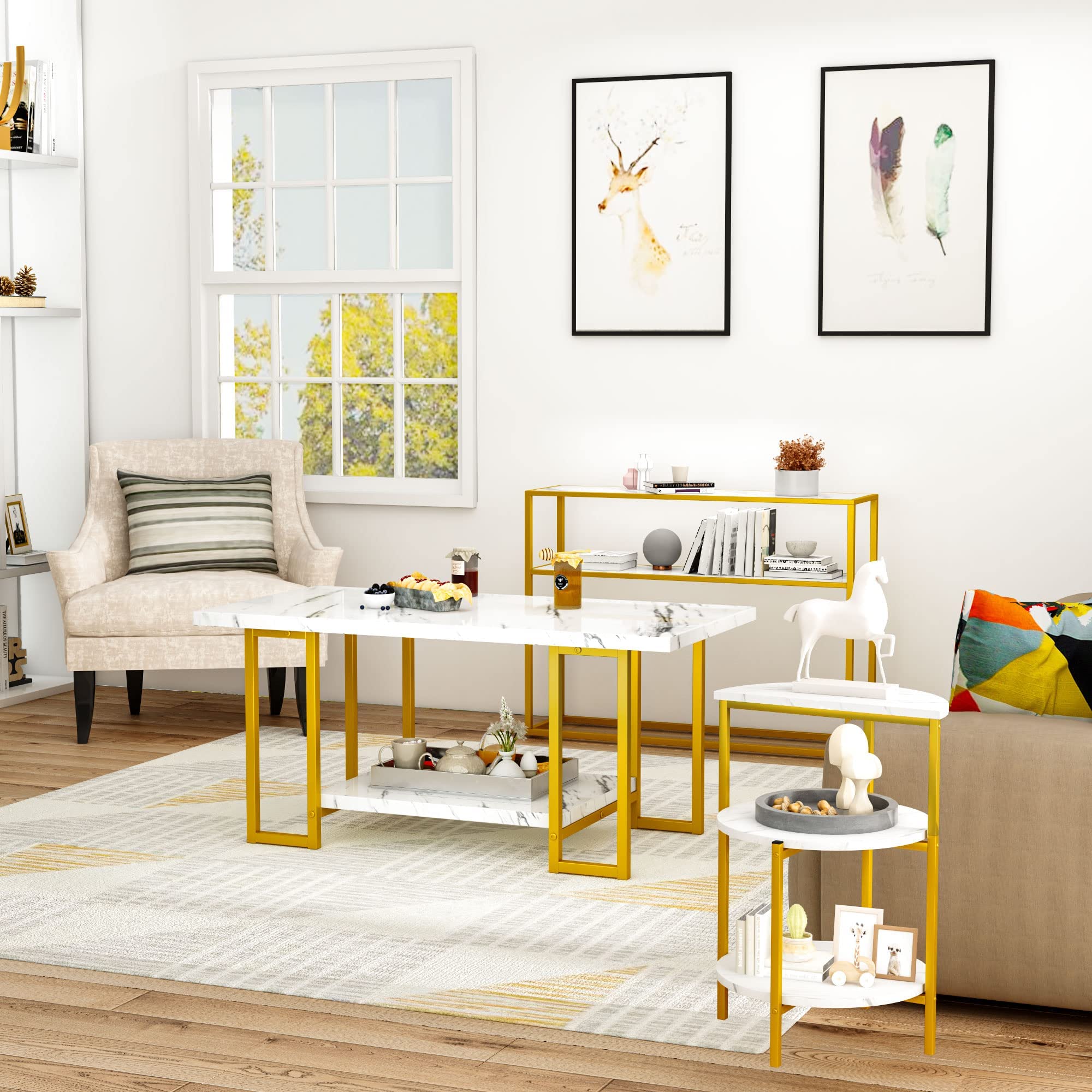 MIERES 3-Piece Faux Marble Coffee Table Set - Modern Living Room Furniture with Semicircle End Table & Sofa Side Console Table, Storage Shelves & Sturdy Metal Frame, White & Gold - Perfect for Small Spaces, Apartments & Cozy Home Decor