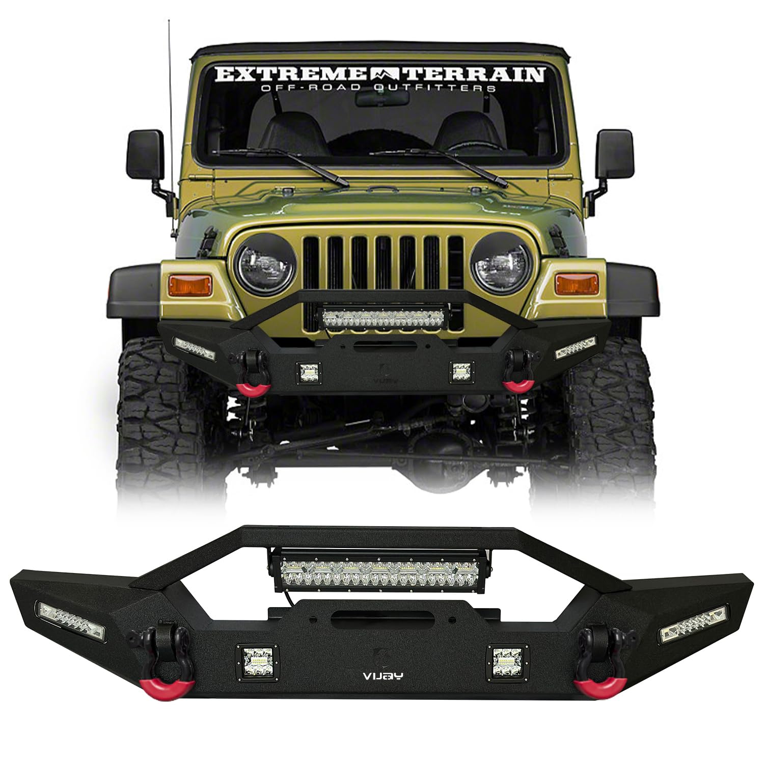 Wrangler TJ Front Bumper 97-06 | Heavy Duty Rock Crawler Off Road Bumper with Winch Plate, 5 LED Lights & 2 D-Rings | Textured Black Finish | Perfect for Jeep Wrangler TJ Trail Riding & Off-Road Adventures