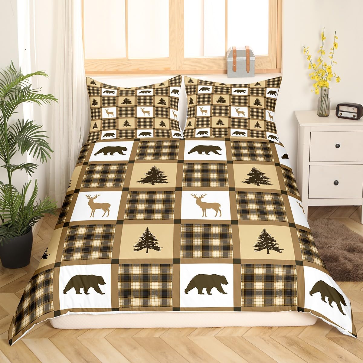 Bear Deer Printed Camping Comforter Cover Twin - Retro Buffalo Plaid Duvet Cover Set with 1 Pillowcase | Cabin Decor, Wildlife Hunting Theme Bedding | Soft Brown Geometric Stripe Bedspread for Cozy Cabin Retreats & Hunting Lodge Bedrooms