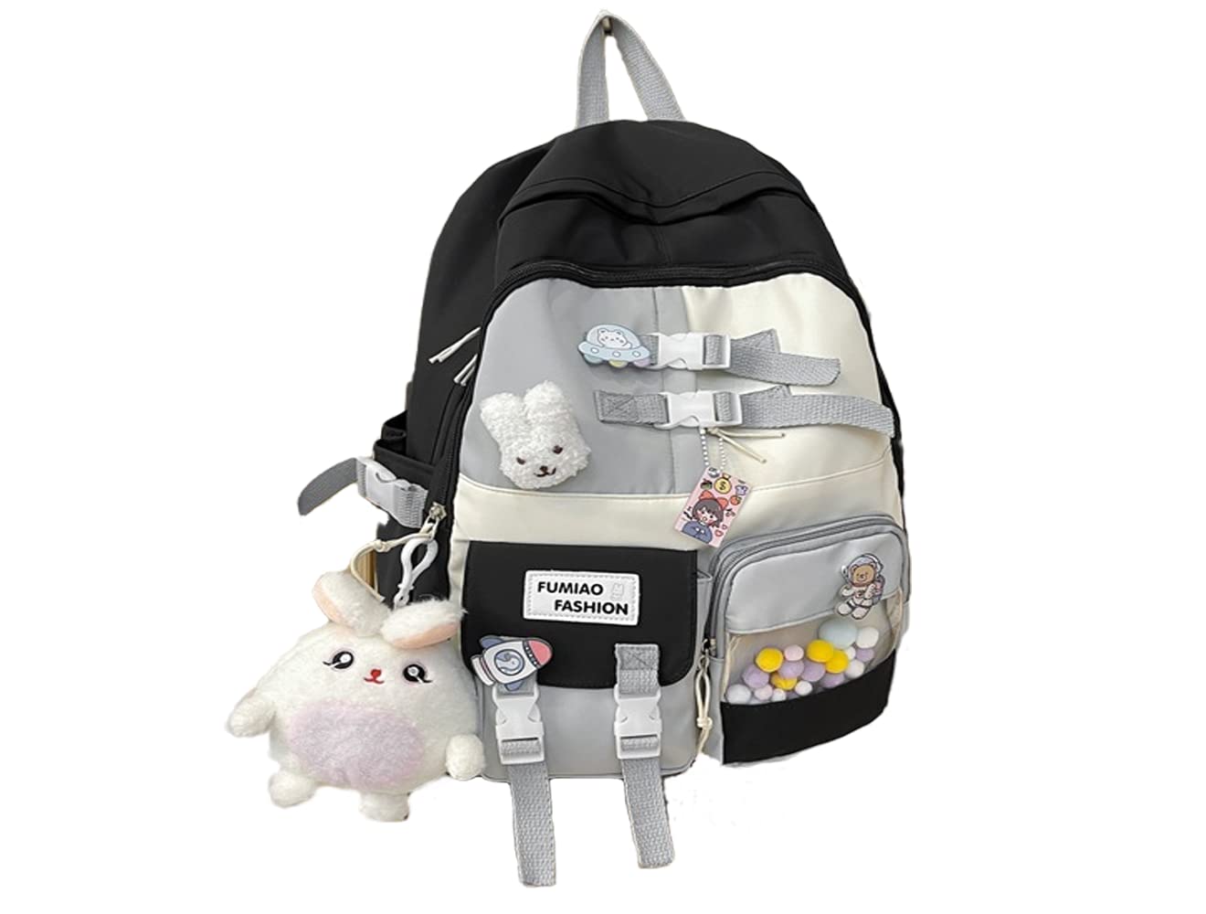Cute Kawaii Backpack for Teen Girls - Stylish School Bookbag with Adorable Pins & Accessories (Black) - Perfect for School, Travel & Everyday Use