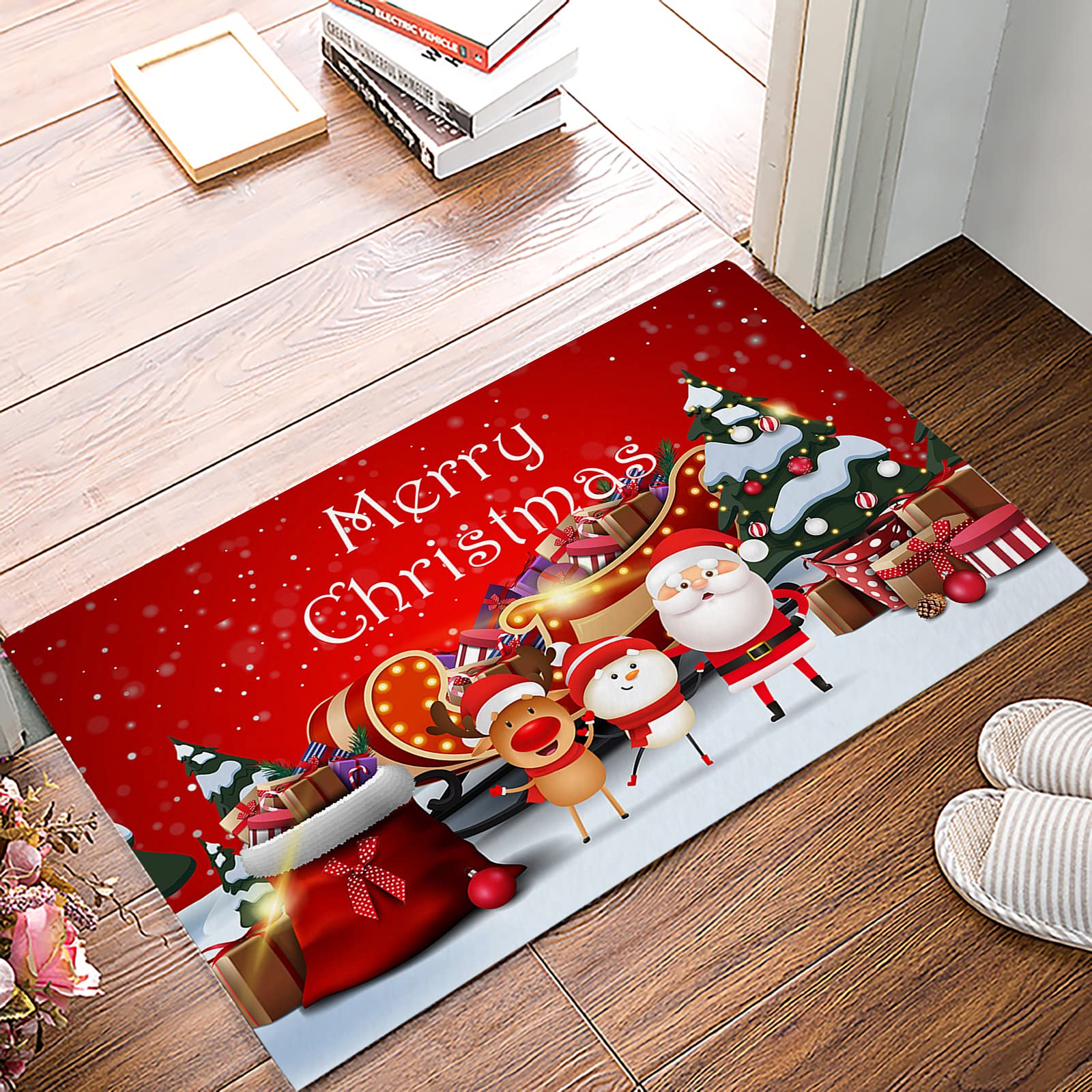 Christmas Doormat 18x30 Inch - Festive Santa Elk with Gifts Sled Design, Non-Slip Anti-Fatigue Indoor Welcome Mat for Front Door, Kitchen & Bathroom | Holiday Home Decor for Christmas Party & Winter Welcome