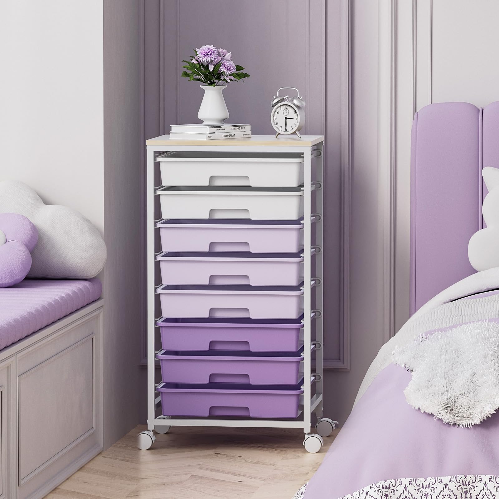 8-Drawer Rolling Storage Cart with Wooden Tabletop - Mobile Utility Cart for Living Room, Bedroom, Office, Classroom & Dorm Organization - Perfect for Craft Supplies, Bathroom Essentials & Home Storage (Purple)
