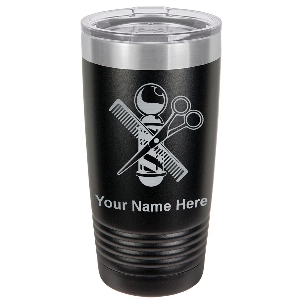 LaserGram 20oz Vacuum Insulated Stainless Steel Tumbler Mug with Barber Shop Pole Design - Custom Engraving Included (Black) - Perfect for Coffee, Tea & Cold Drinks at Work, Gym or Travel