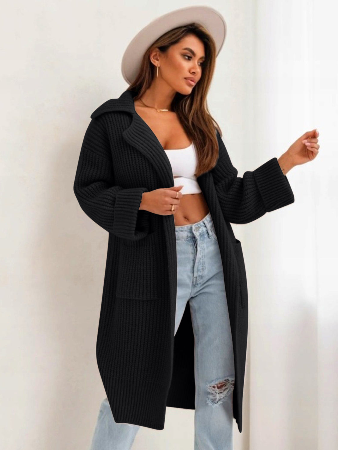 Women's Stylish Pocketed Collared Neck Drop Shoulder Cardigan Sweater - Perfect for Office Wear, Casual Outfits & Fall Layering