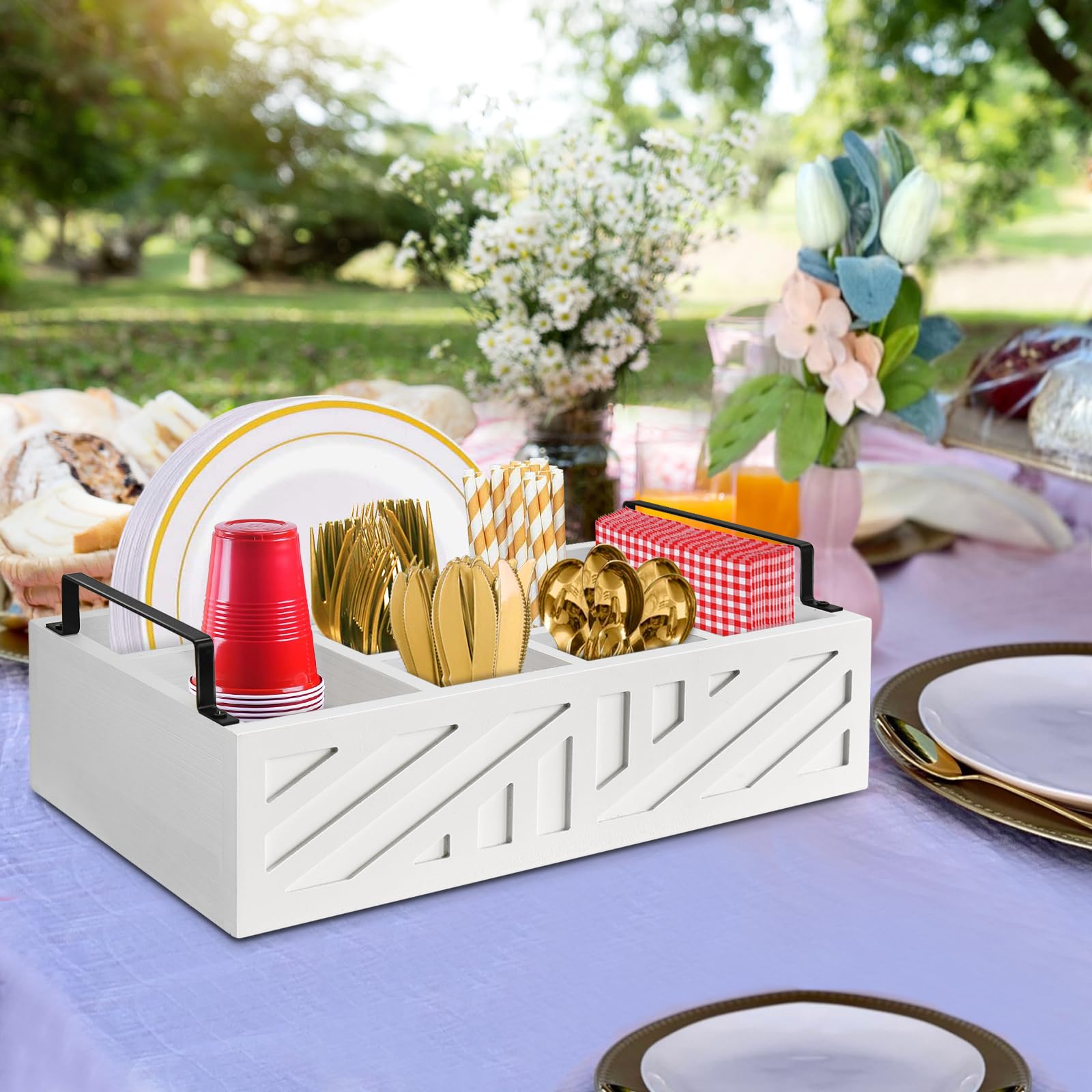 Ameuphercy Wooden Paper Plate Holder & Utensil Caddy - Countertop Organizer for Disposable Plates, Cups, Spoons & Forks - Kitchen & Party Serving Essential (White Carving Design) - Perfect for Buffets, BBQs, Picnics & Family Gatherings