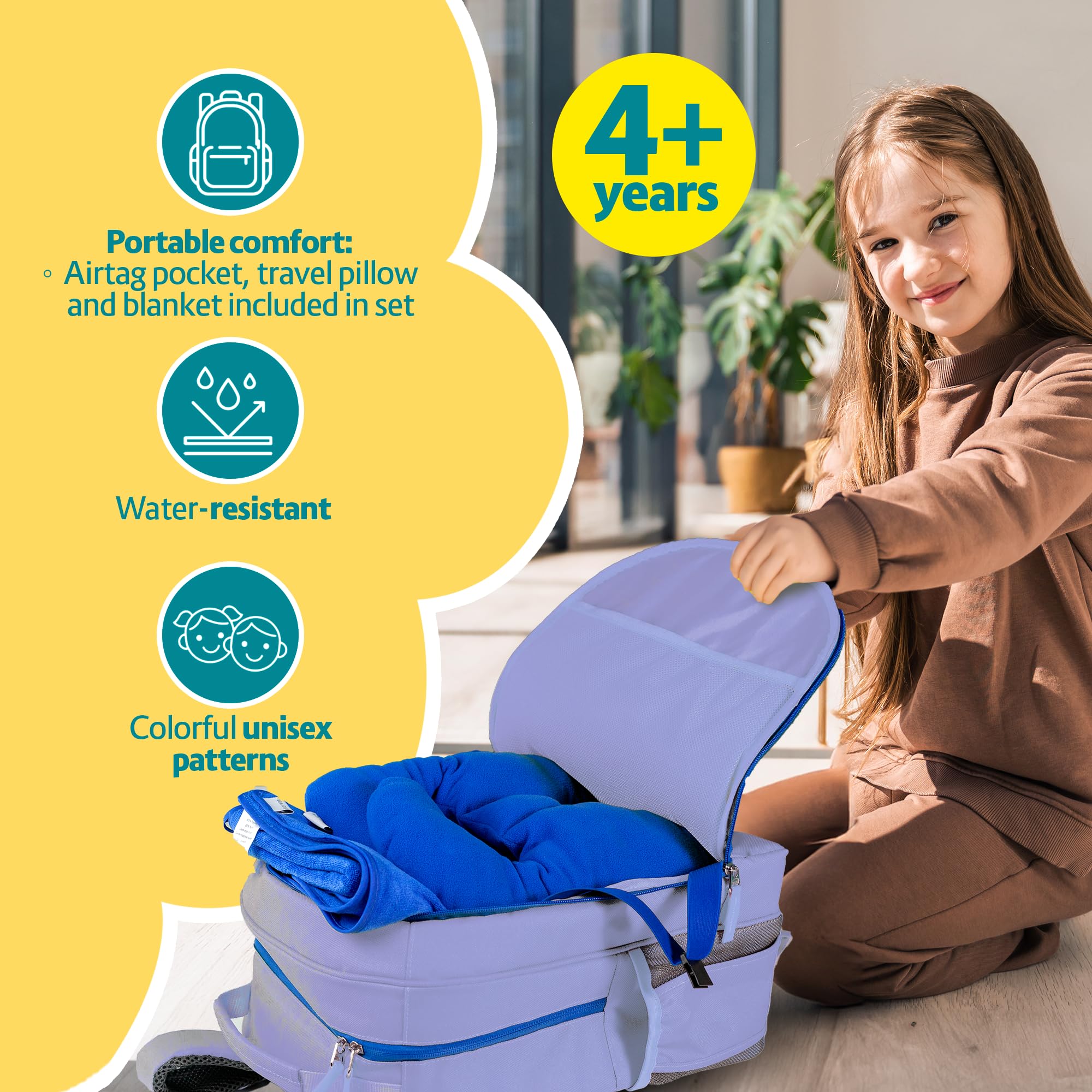 3pc Kids Travel Backpack Set with Blanket & Pillow - AirTag Holder Included - Toddler Road Trip Essentials for Ages 4-10 - Purple Backpack for Airplane, Car Rides & Sleepovers