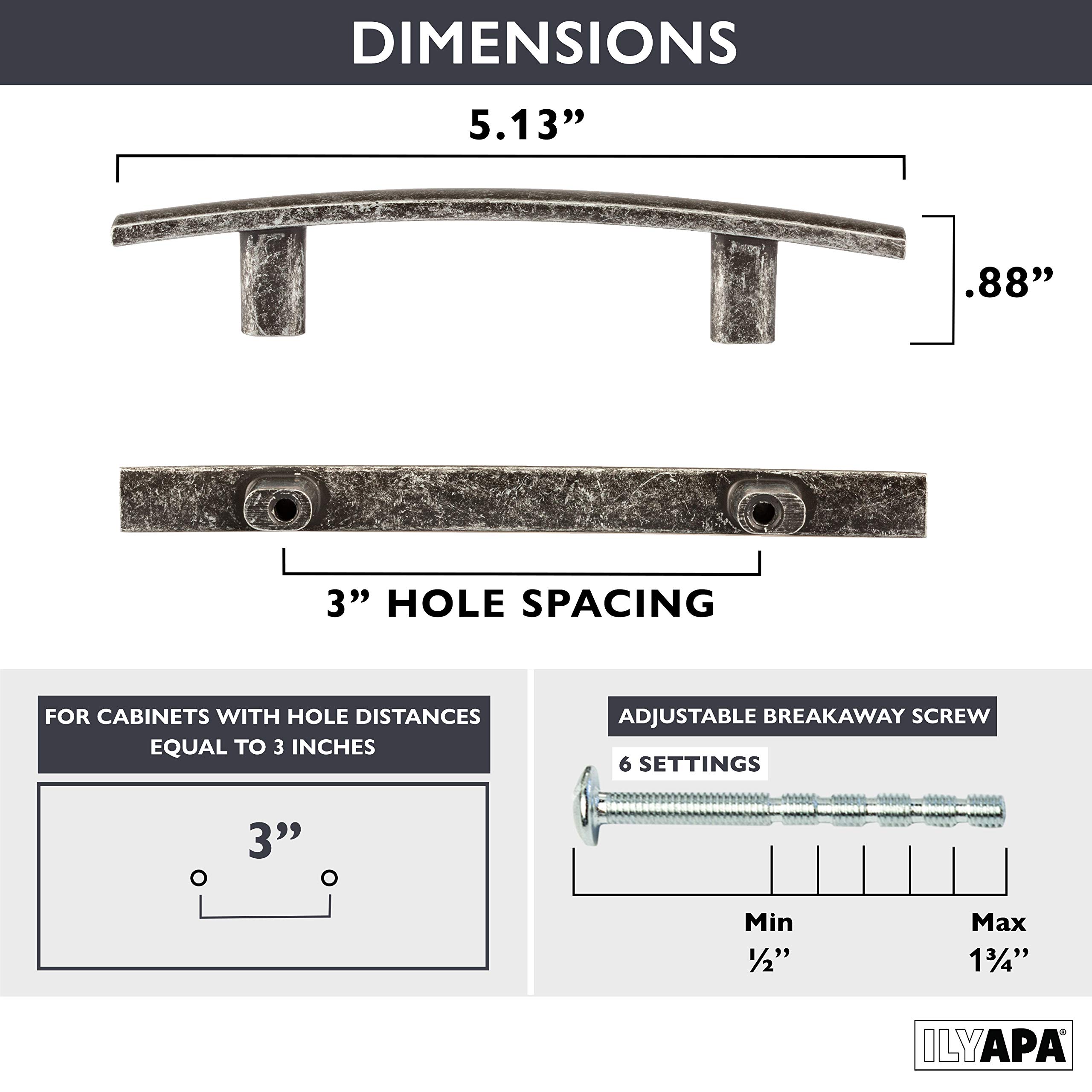 Vintage Iron Kitchen Cabinet Handles - 3 Inch Hole Center Curved Bar Pulls - 10 Pack Cabinet Hardware for Farmhouse, Rustic & Industrial Style Kitchens, Bathrooms & Furniture