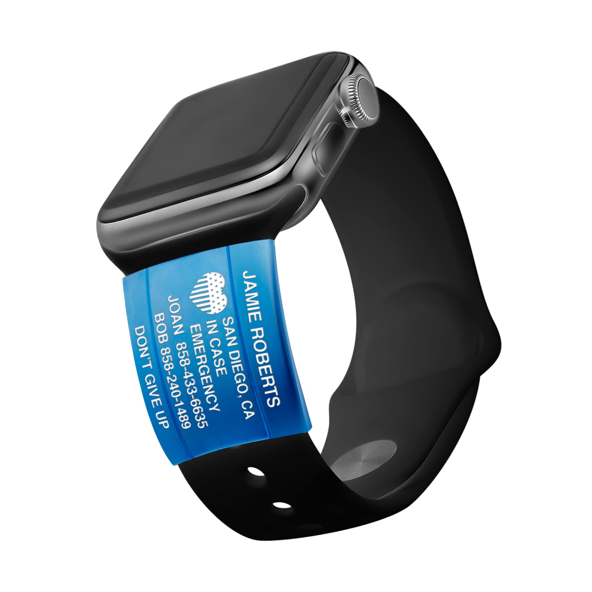 Divoti Alert ID Tag for Apple Watch All Series - PVD Blue/ICON with Custom Text | Medical Emergency ID Bracelet for Fitness & Outdoor Activities