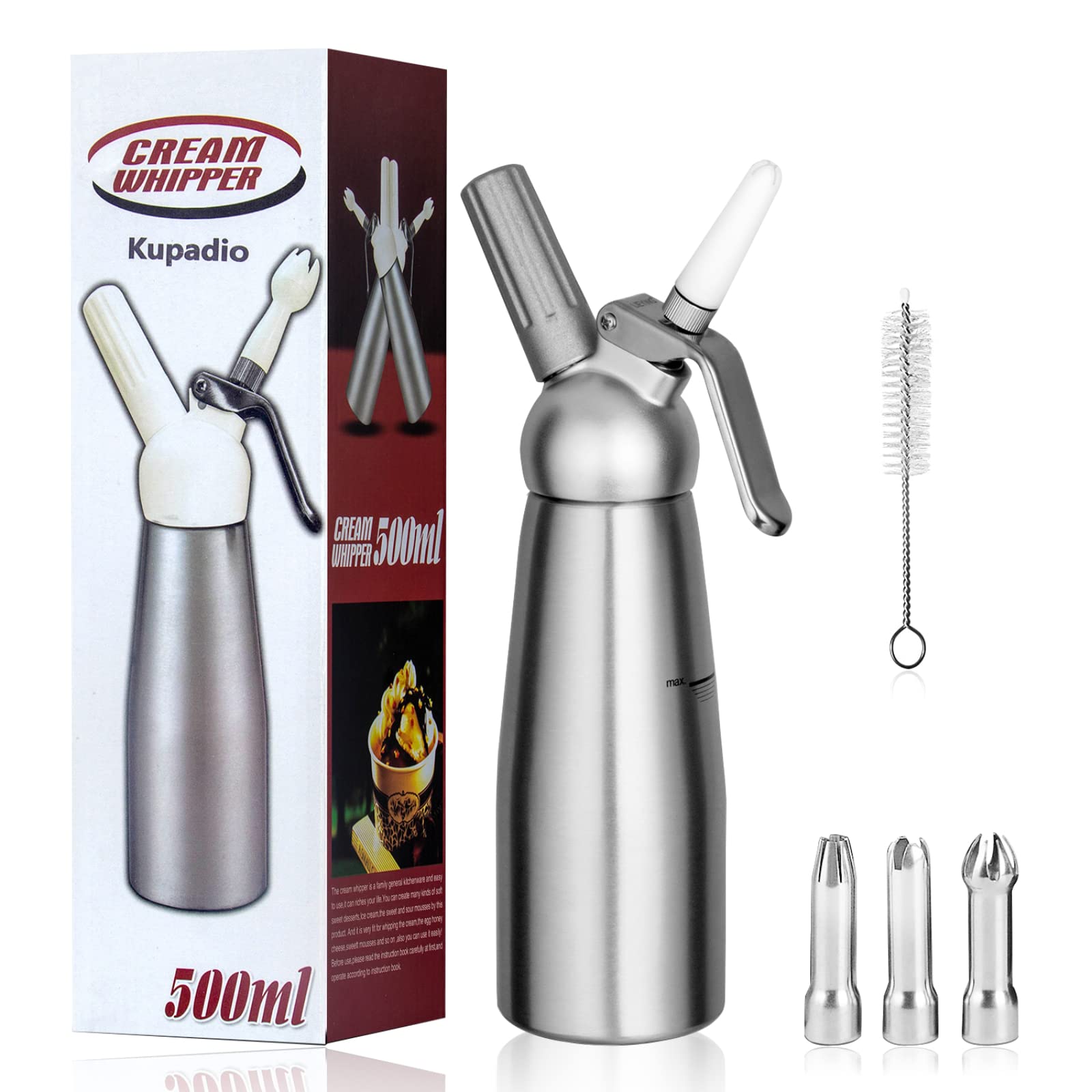 Premium 500mL (1 Pint) Aluminum Whipped Cream Dispenser - Professional Dessert Cream Maker with 3 Decorating Nozzles for Cakes, Coffee & Cocktails | Gourmet Whipped Cream Charger for Home & Commercial Use