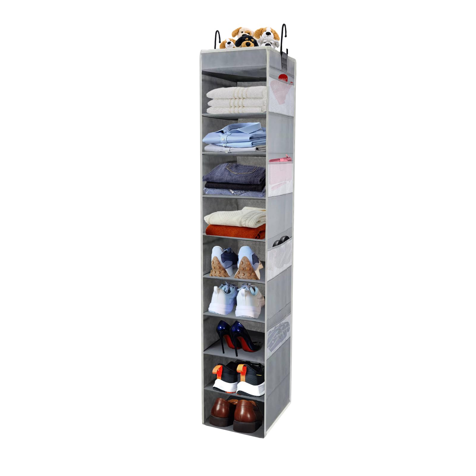 10-Shelf Large Hanging Shoe Organizer with 8 Side Pockets - Sturdy Closet Storage for Shoes, Clothes, Jeans & Toys (Grey) | Perfect for Bedroom, Closet & Dorm Organization