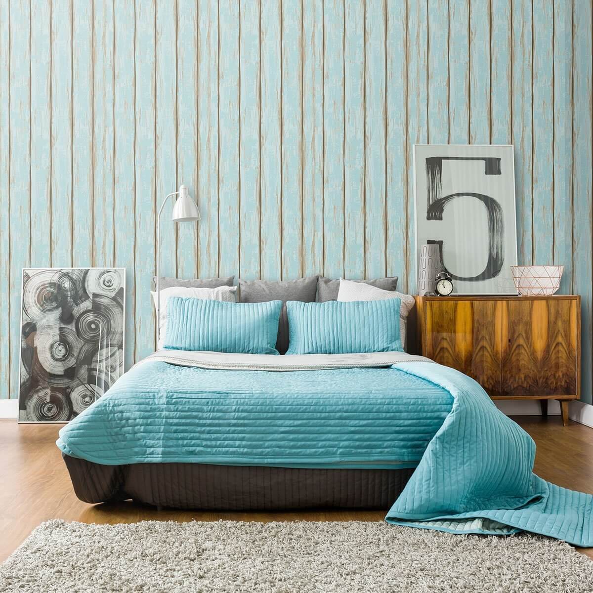Turquoise Faux Wood Peel and Stick Removable Wallpaper 8825 - Self-Adhesive Decorative Wall Covering for Bedroom, Living Room & Office