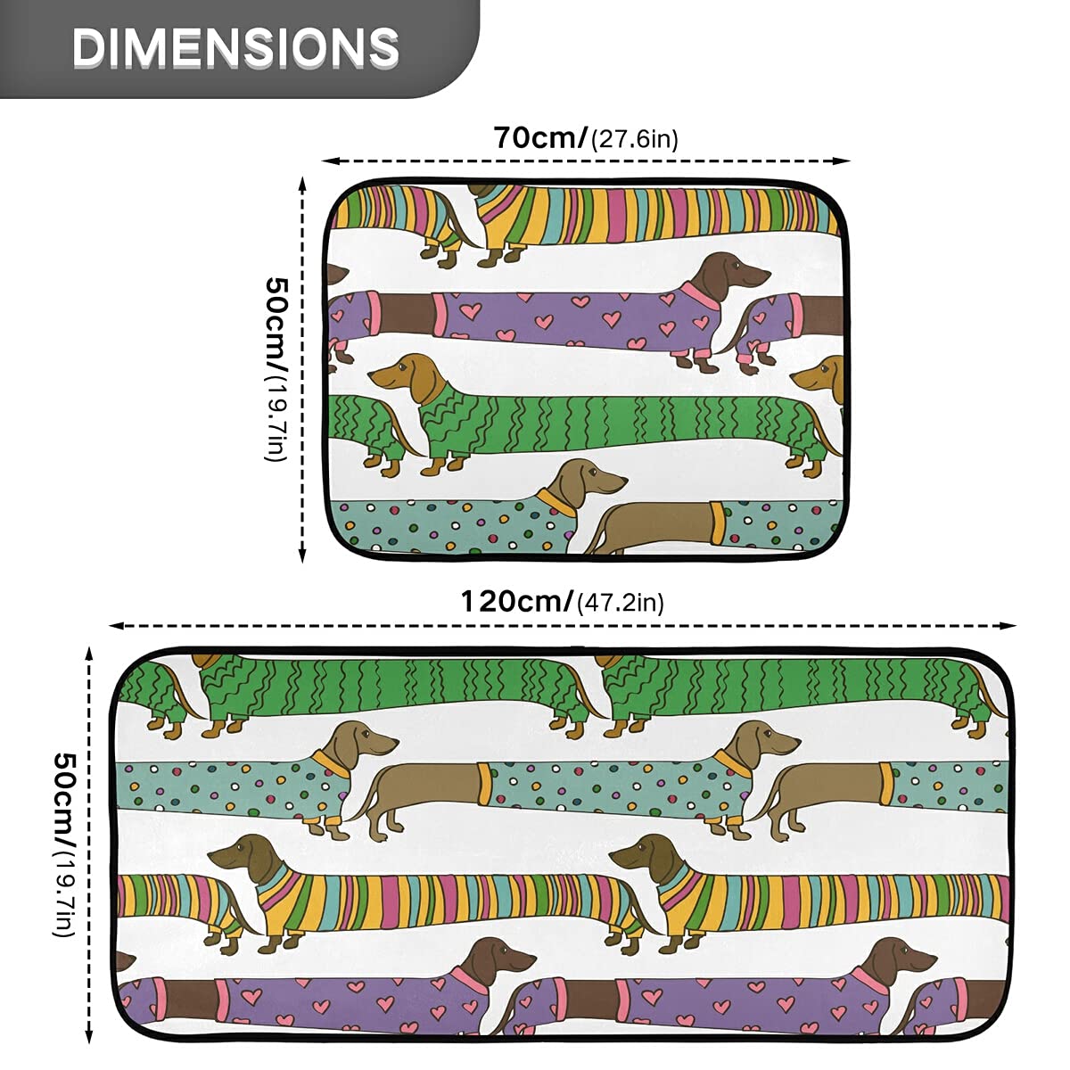 Non-Slip Cartoon Dachshund Dog Kitchen Rugs Set of 2 - Washable Runner Mats for Kitchen, Living Room Floor Decor - Perfect for Pet Lovers' Homes & Cozy Spaces
