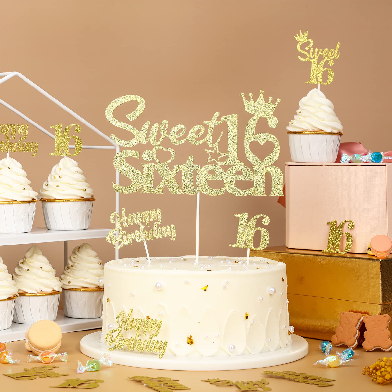 25-Pack Sweet 16 Birthday Cake Decorations Set - Gold Happy 16th Cake Topper & Cupcake Toppers for Boys & Girls - Perfect for Sweet Sixteen Parties, Birthday Celebrations & Milestone Events