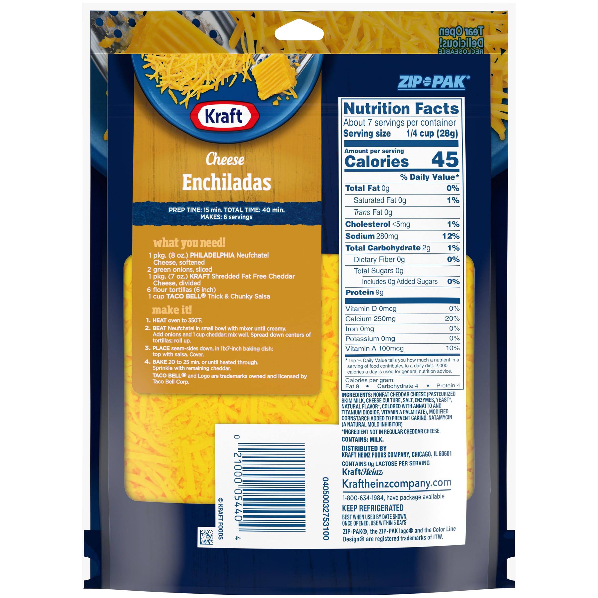 Fat Free Natural Cheddar Shredded Cheese - 7 oz Resealable Pouch | Kraft | Low Calorie, Gluten Free | Perfect for Salads, Pasta & Keto Recipes