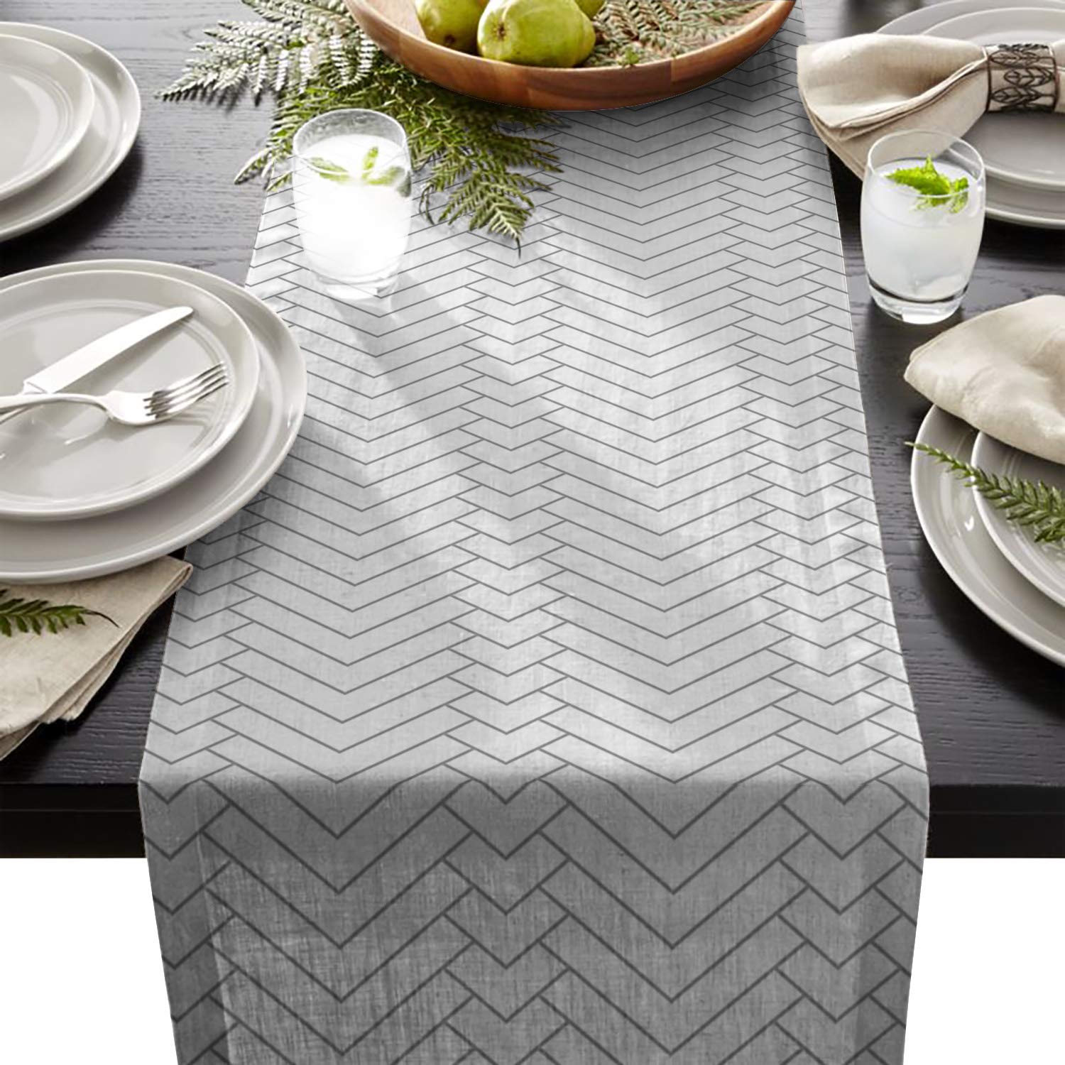 White Striped Cotton Linen Table Runner - Non-Slip Chevron Burlap Rectangle Kitchen Tablecloth (14x72 Inch) for Holiday Dinner Parties, Wedding Decor & Home Dining - Perfect for Farmhouse, Rustic and Boho Style Tablescapes