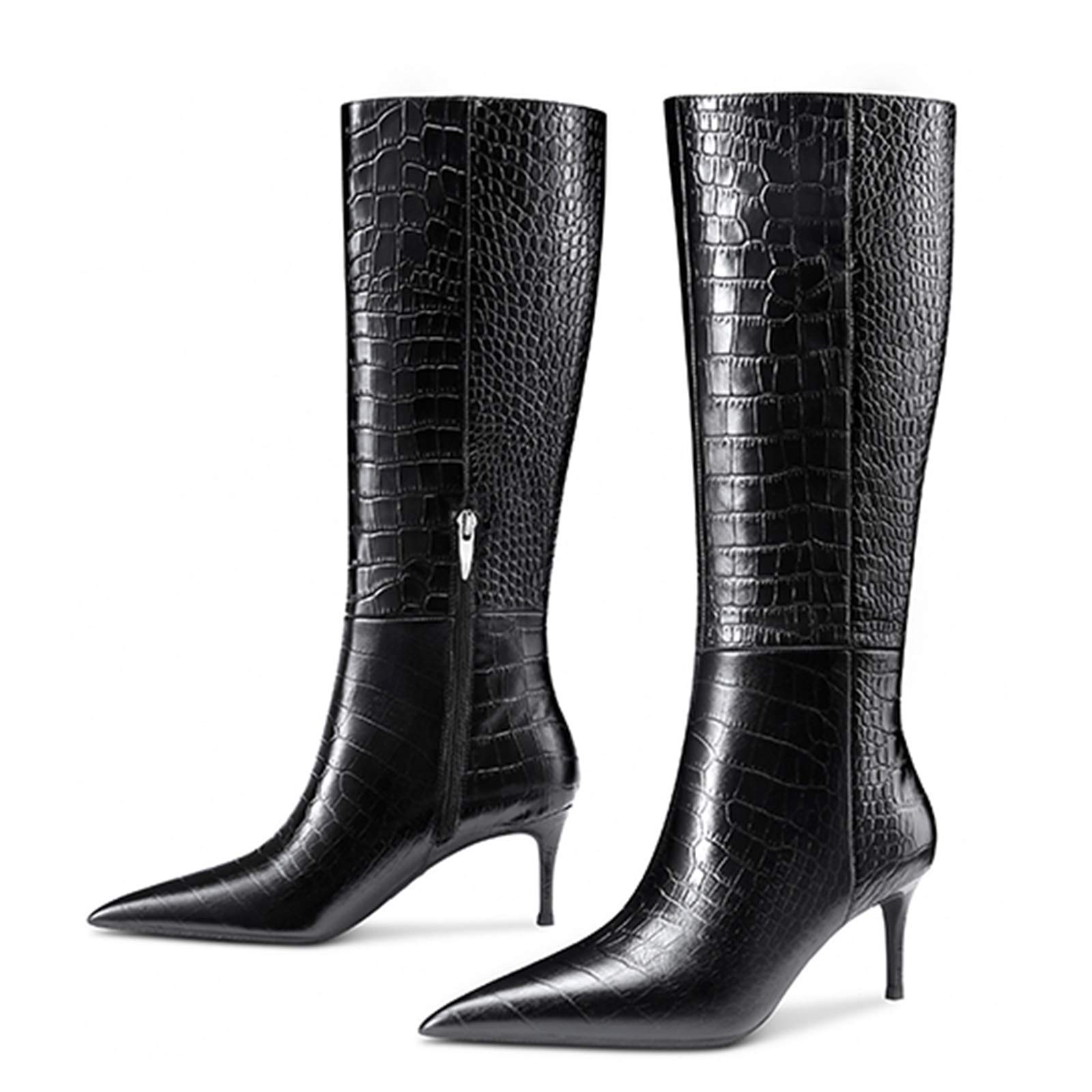 Women's Pointed Toe High Heel Knee High Boots - Stretchy Wide Calf Mid Heel Long Boots for Work, Party & Night Out - Fashionable Winter & Fall Boots for Women