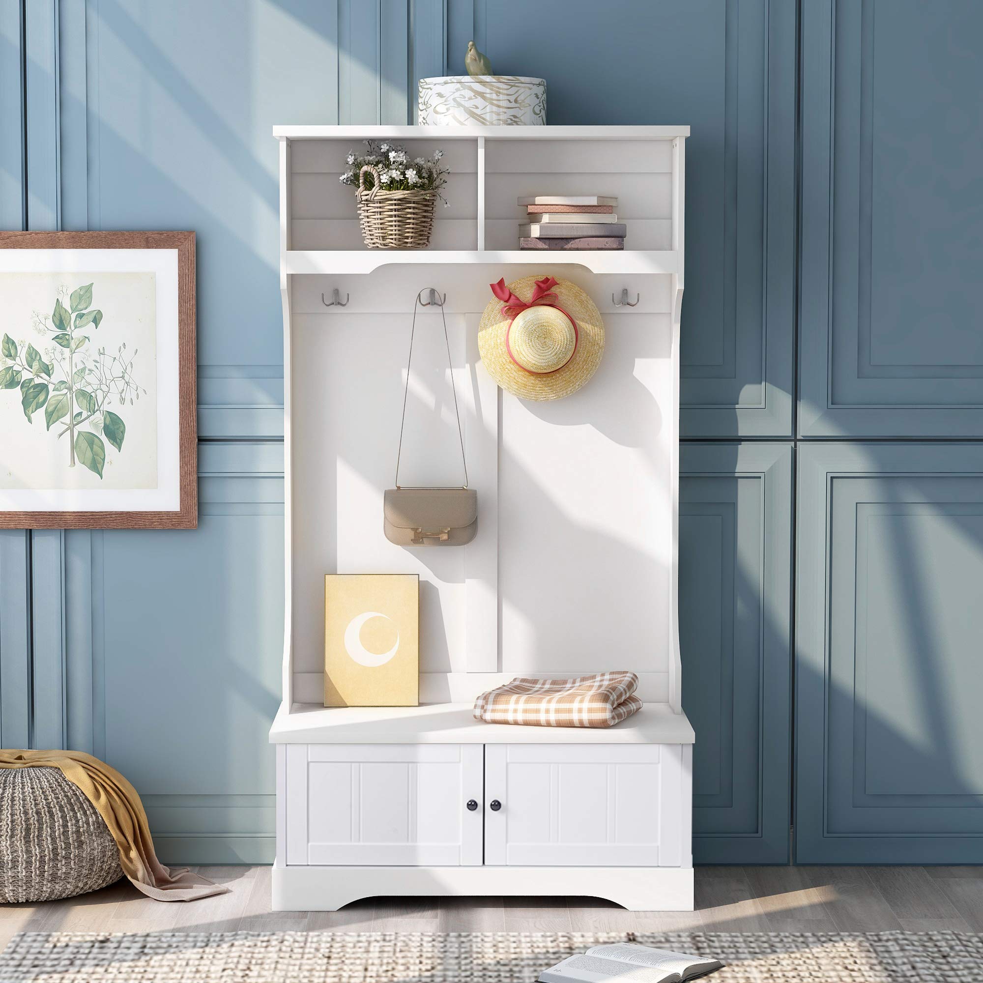 3-in-1 Entryway Hall Tree with Storage Bench - Modern Coat Rack & Shoe Cabinet with Top/Bottom Storage - White - Perfect for Living Room, Hallway & Entryway Organization