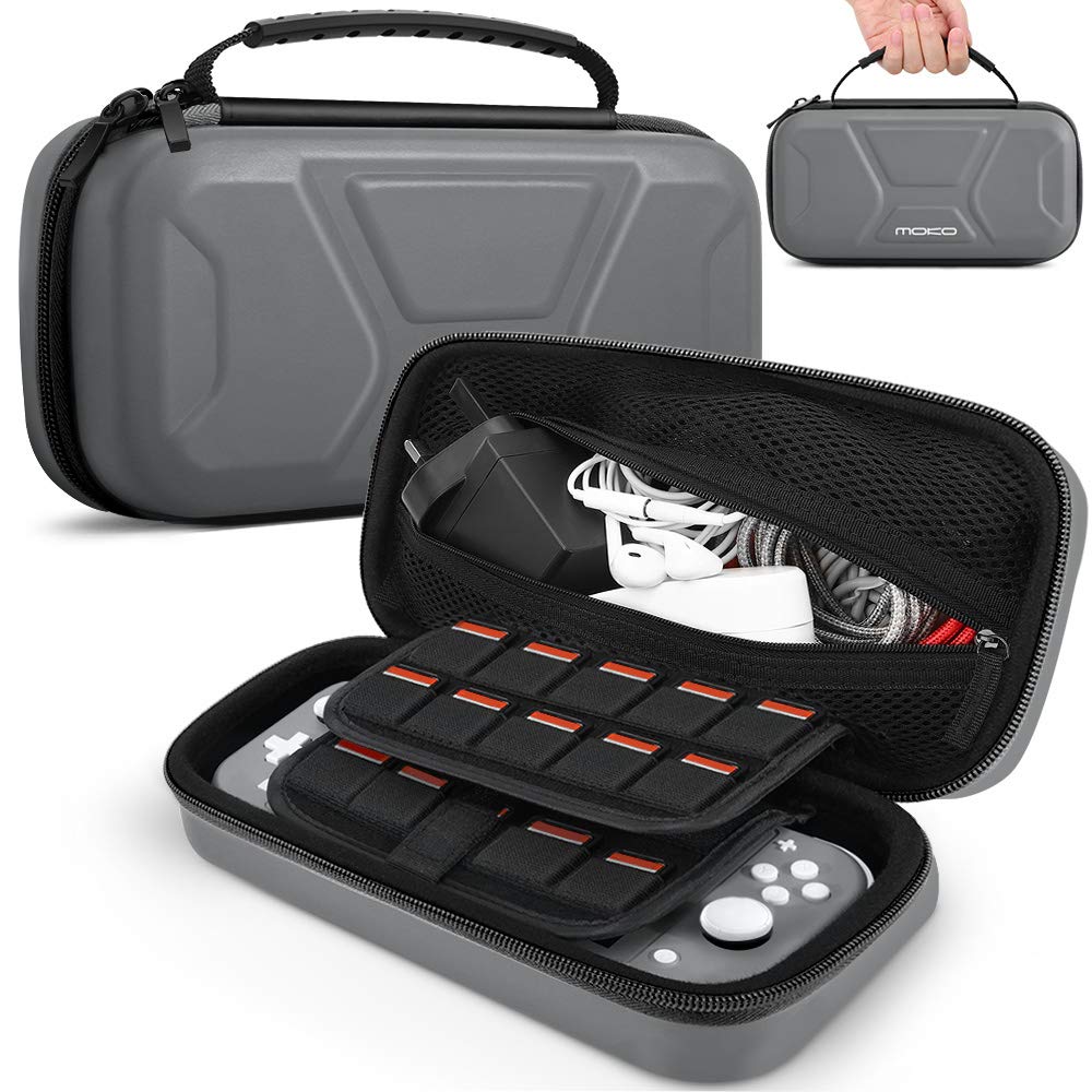 Premium Hard Shell Travel Case for Nintendo Switch Lite - Protective Carrying Pouch with Storage for 20 Game Cartridges & AC Charger | Durable Gray Cover for Gaming On-The-Go, Commuting & Travel Accessories