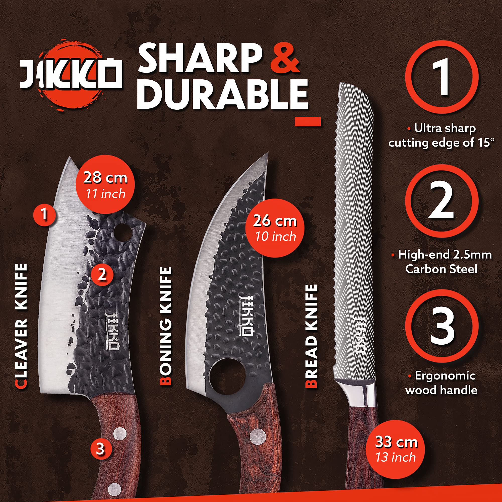 Jikko Premium Reinforced Carbon Steel Japanese Kitchen Knife Set – DiamondRazor Series – Ultra Sharp Chef Knives with Mahogany & Walnut Wood Handles – Professional Grade Cutlery for Sushi, Meat Cutting & Culinary Arts