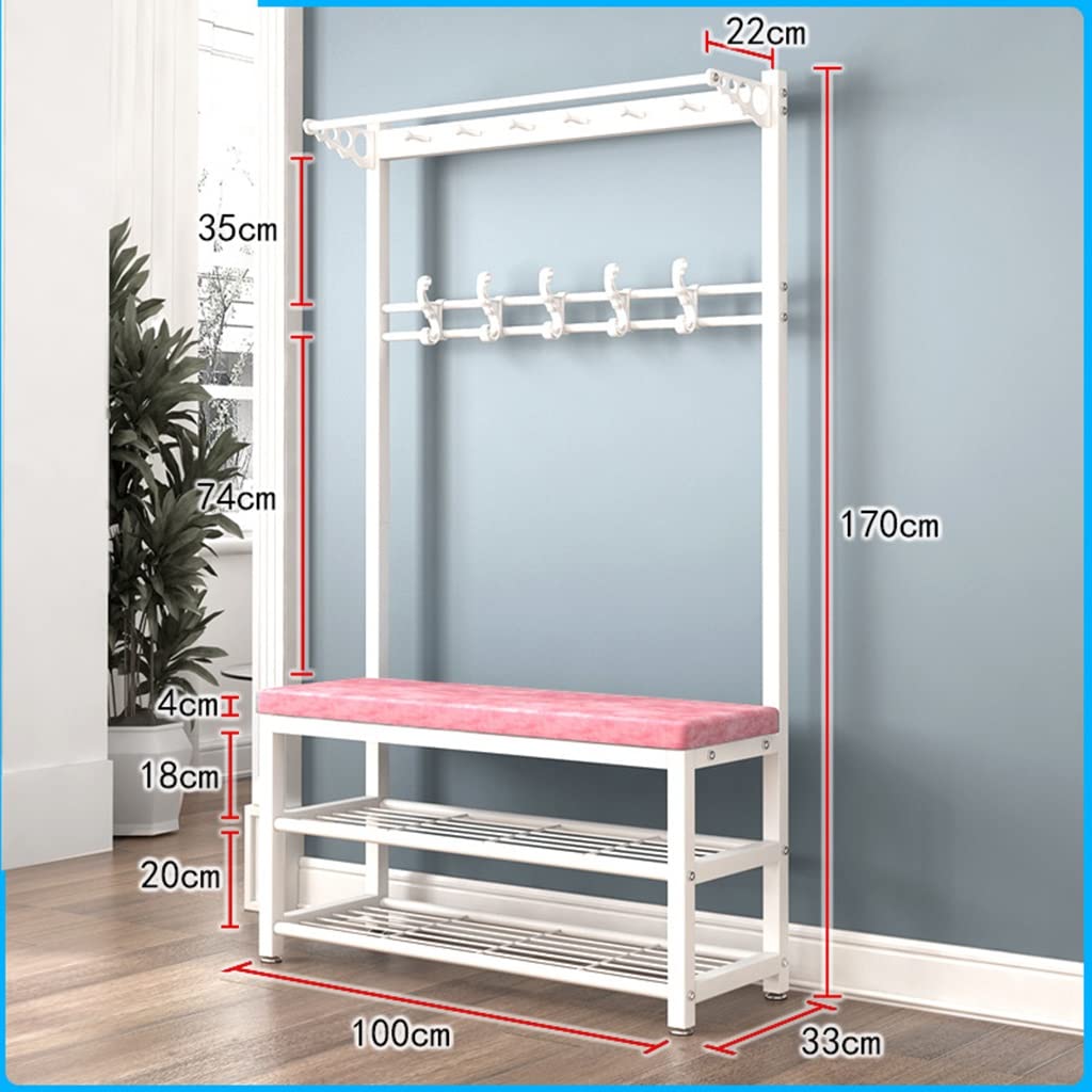 4-in-1 Entryway Hall Tree with Shoe Storage Bench & 5 Double Hooks | White Powder Coated Metal Frame (100x33x170cm) | Perfect for Small Spaces, Apartments & Mudroom Organization