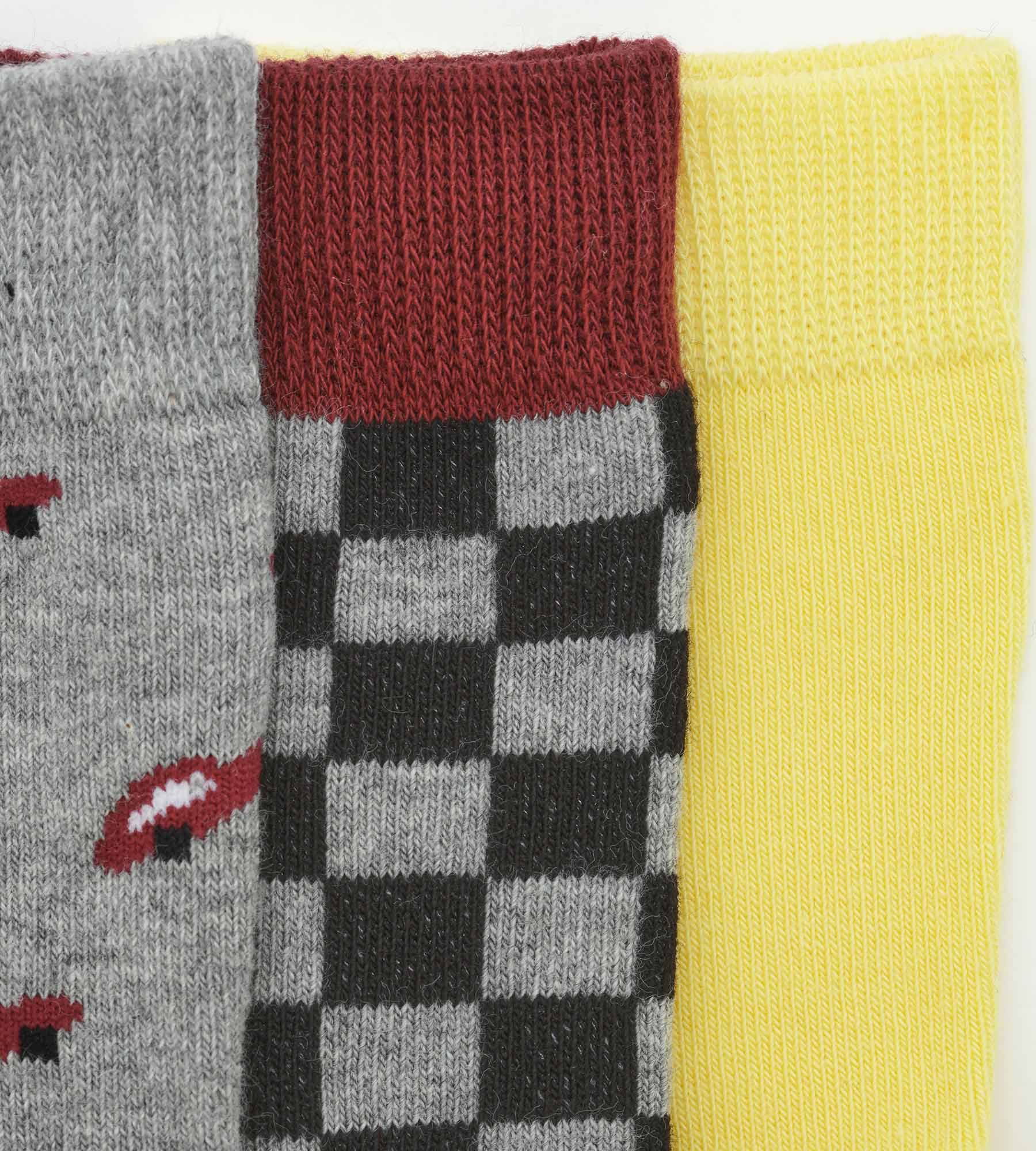 3-Pack Kids Checkered Socks - Grey & Yellow Cotton Crew Socks for Boys & Girls - Soft Breathable Everyday Socks for School, Sports & Play