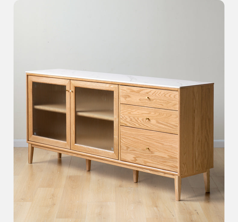 Solid Oak Wood Sideboard Buffet Cabinet - Rustic Dining Room Storage for Dishes, Linens & Entertaining Essentials