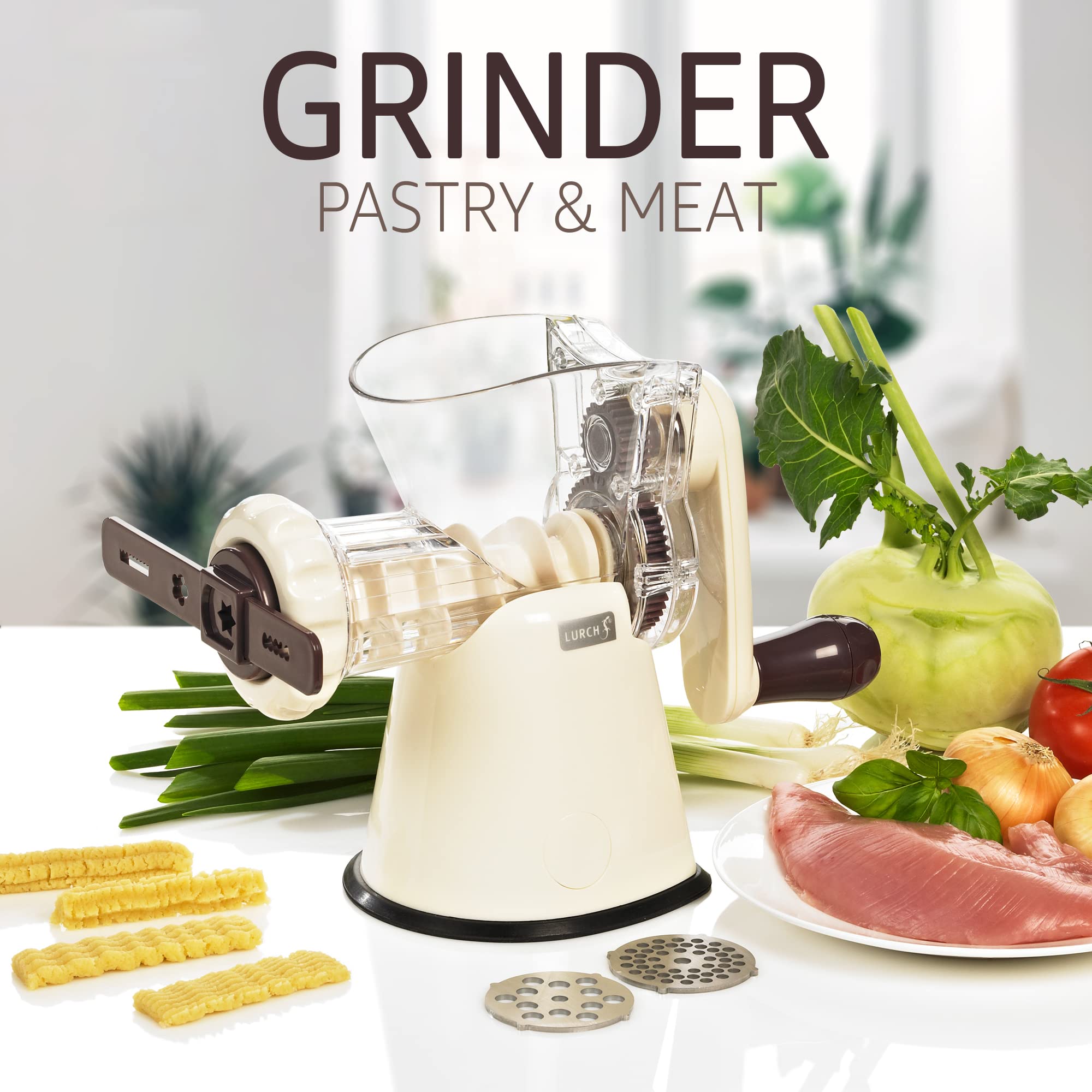 LURCH Germany Cookie Biscuit Maker with Meat Grinder Attachment | Hand Crank Manual Cookie Press, Churros Maker, Sausage Stuffer & Meat Grinder | Easy to Clean - Eggplant/Cream White | Perfect for Baking Cookies, Making Churros & Homemade Sausages