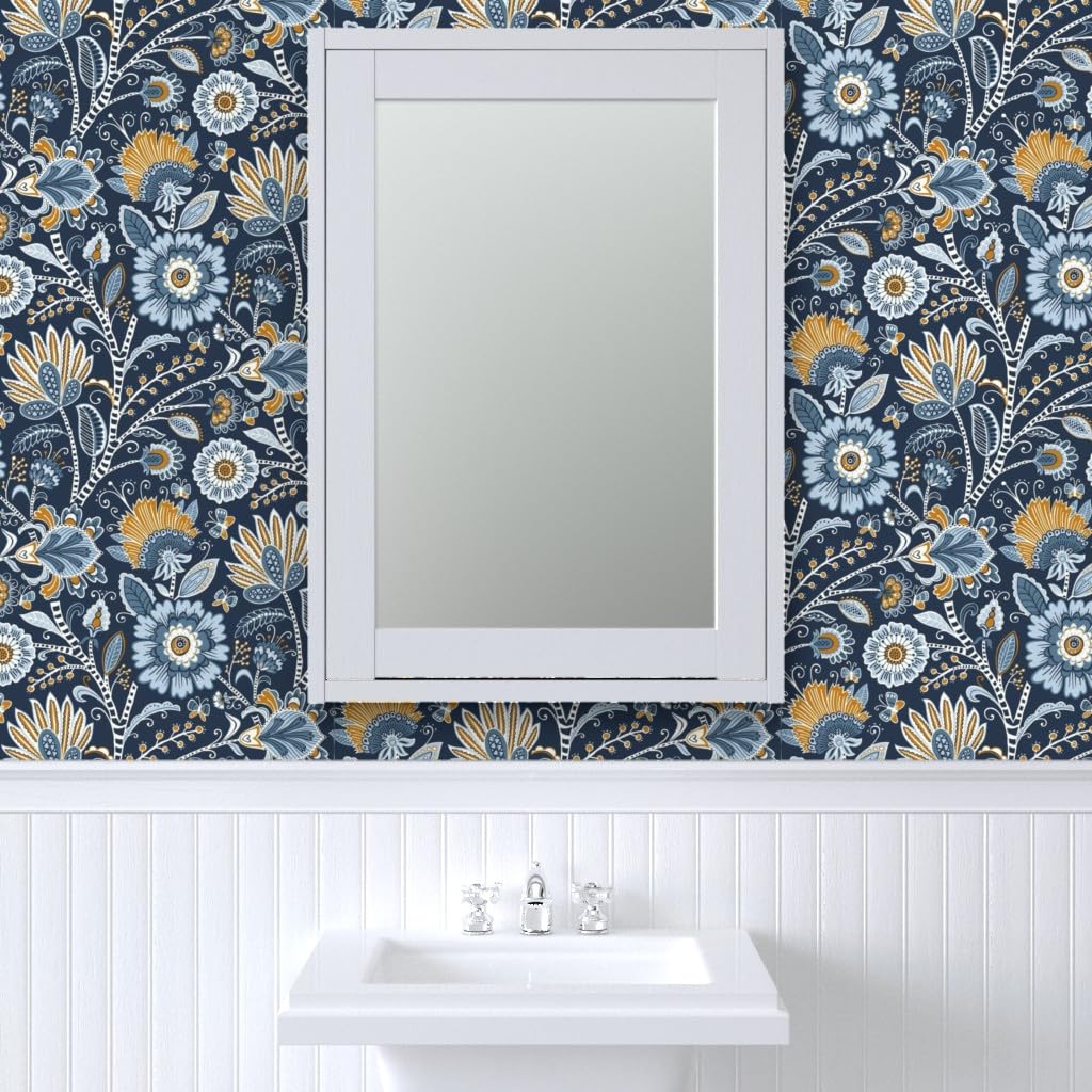 Premium Commercial Grade Wallpaper 27ft x 2ft - Blue Floral Butterfly Navy Chintz Traditional Wall Covering for Home Decor | Perfect for Living Rooms, Bedrooms & Dining Areas