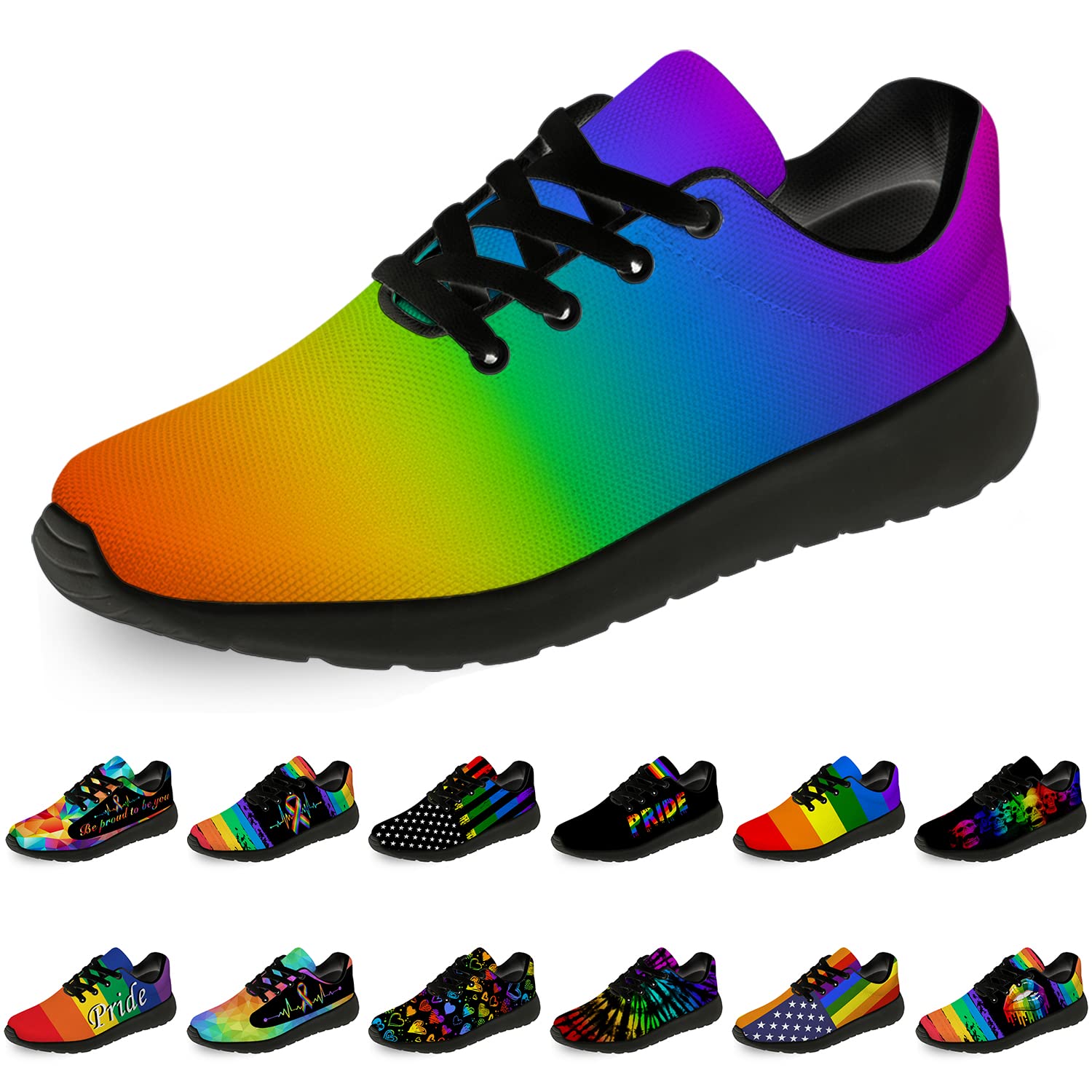 **Men's & Women's Pride Running Shoes - Gradient Rainbow Print Sneakers for Walking, Tennis & LGBTQ+ Support - Size 10.5 Men/12 Women (Black/Multi) - Perfect for Pride Parades, Workouts & Casual Wear**