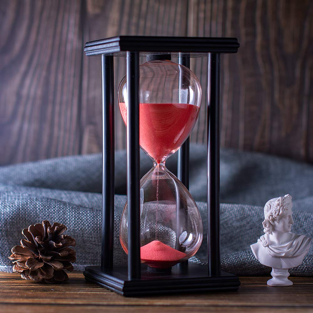60 Minute Red Sand Hourglass Timer - Handcrafted Wooden Frame Sand Clock for Home Office Decor, Meditation & Kitchen Cooking Timer