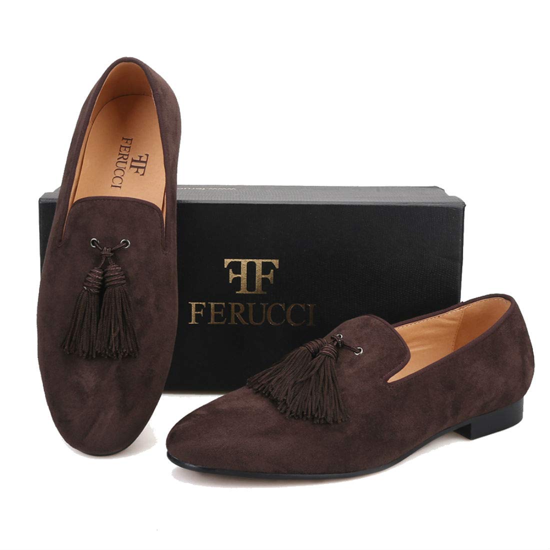 FERUCCI Men's Dark Brown Suede Loafers - Comfortable Slip-On Slippers with Big Tassel | Casual Indoor & Outdoor Wear for Home, Office, and Travel
