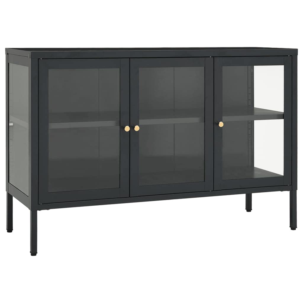 Modern Anthracite Sideboard with Steel Frame & Glass Doors - Sleek Design, Adjustable Shelves & Feet, 41.3