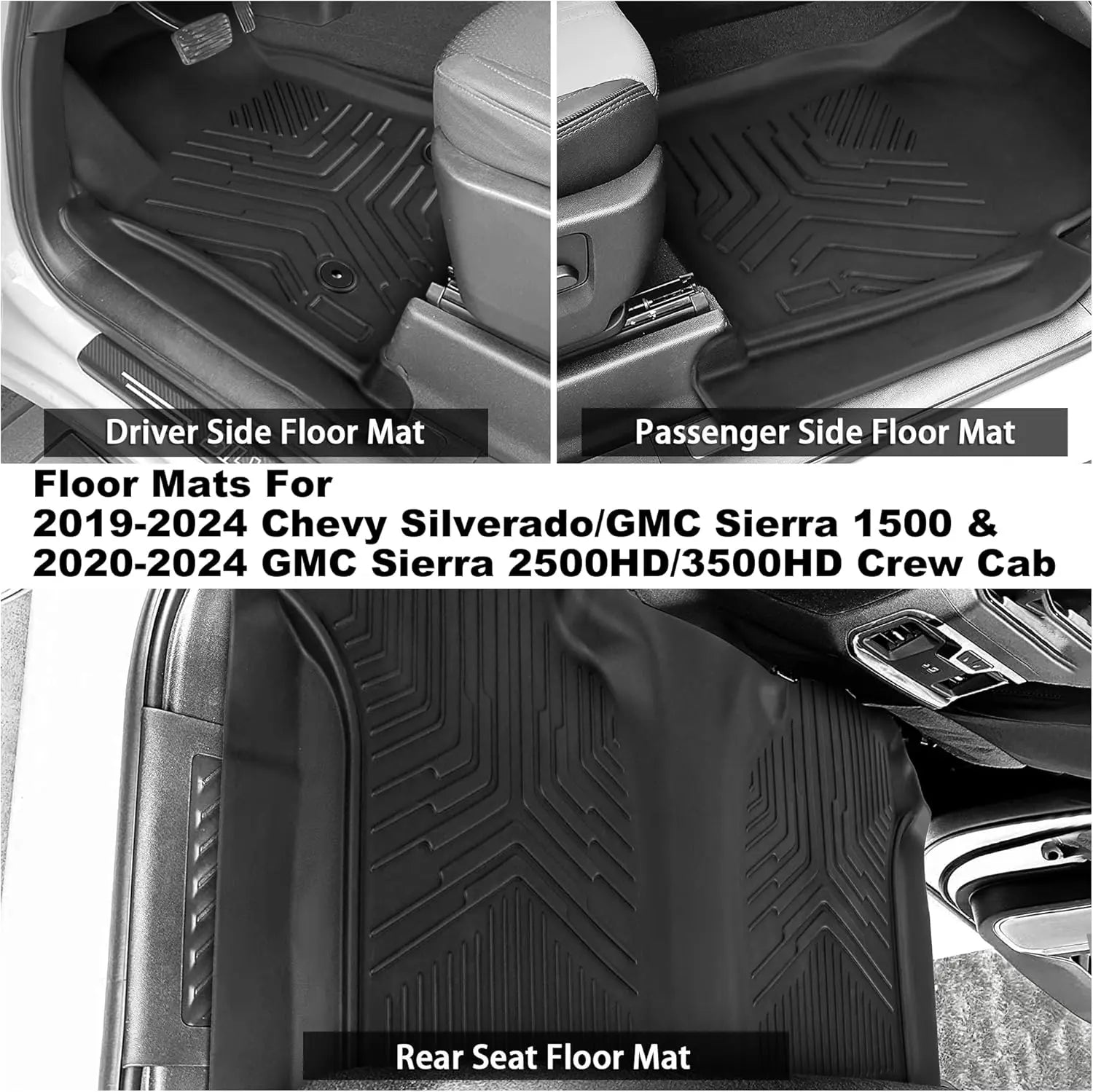 3-Piece All-Weather Floor Mats for 2019-2025 Chevrolet Silverado 1500/GMC Sierra 1500 & 2020-2025 Silverado/Sierra 2500HD/3500HD Crew Cab - Rear Row with Carpeted Under Seat Storage - Durable Protection for Mud, Snow & Spills